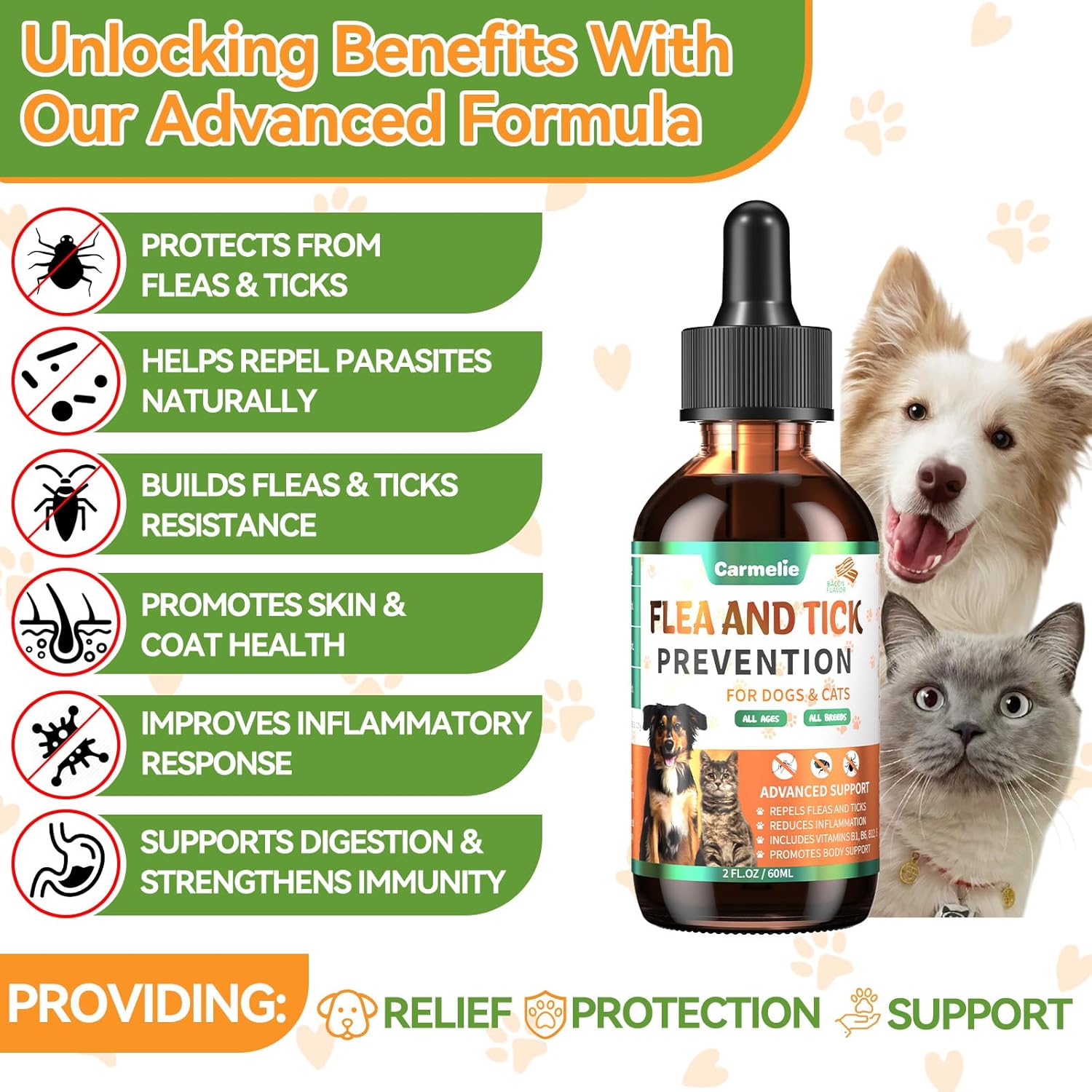 Oral Flea and Tick Prevention for Dogs and Cats, Natural Dog Flea and Tick Treatment, Cat Flea Control Medicine & Treatment, Flea Drops Supplements with Vitamin for Pets – All Breeds and Ages – Bacon