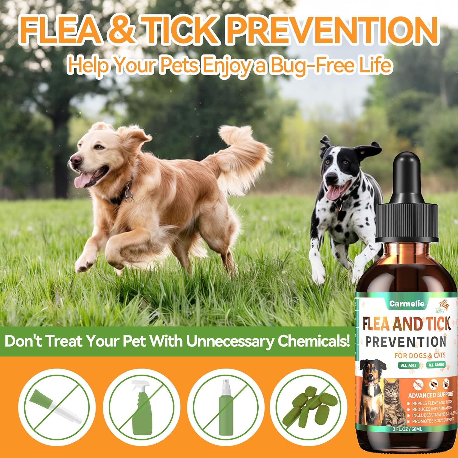 Oral Flea and Tick Prevention for Dogs and Cats, Natural Dog Flea and Tick Treatment, Cat Flea Control Medicine & Treatment, Flea Drops Supplements with Vitamin for Pets – All Breeds and Ages – Bacon