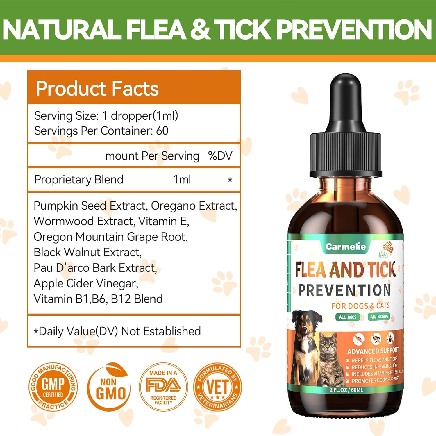 Oral Flea and Tick Prevention for Dogs and Cats, Natural Dog Flea and Tick Treatment, Cat Flea Control Medicine & Treatment, Flea Drops Supplements with Vitamin for Pets – All Breeds and Ages – Bacon
