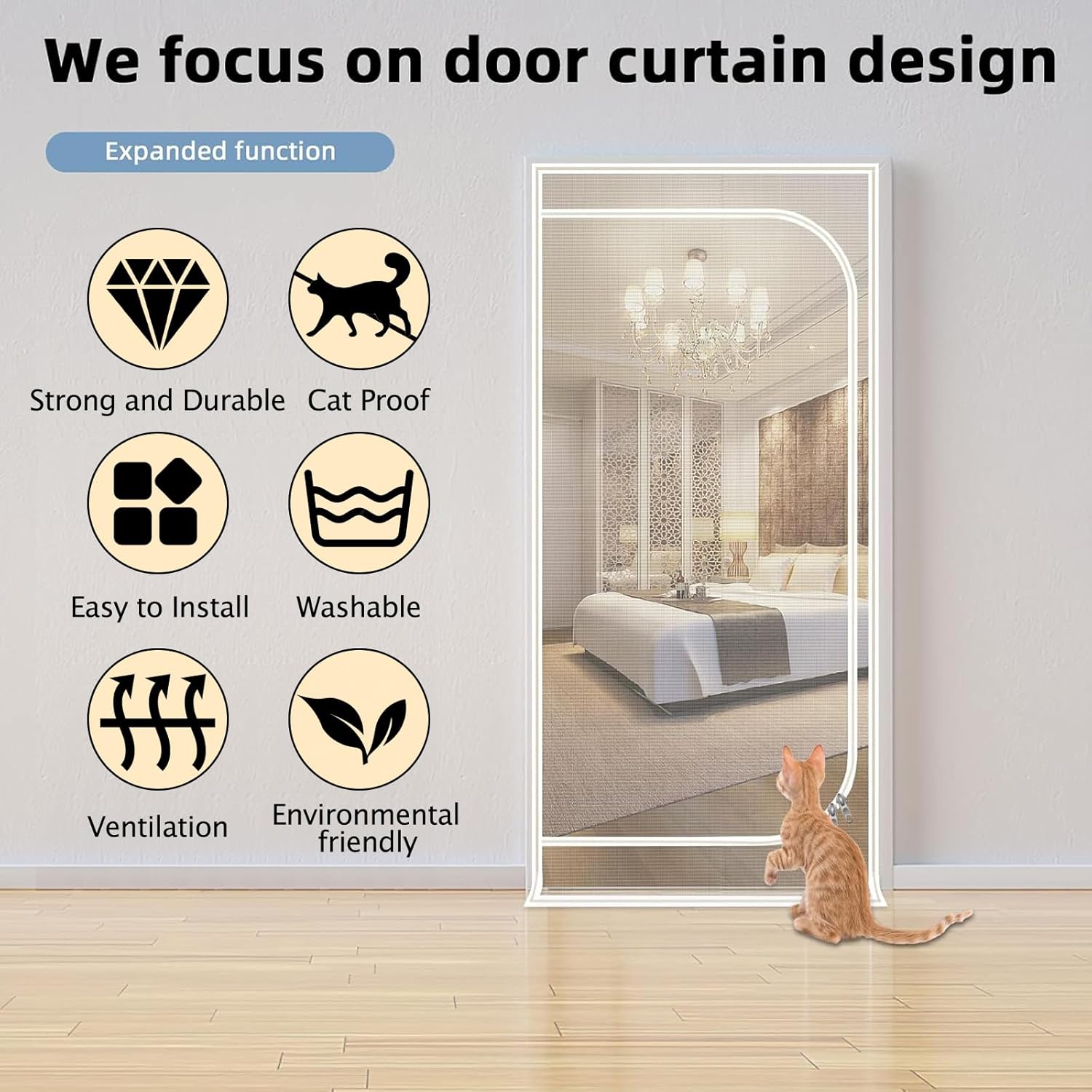 Reinforced Cat Screen Door,Zipper Screen Door Fits Door Size 38”x 82”,Cat Resistant Mesh Screen Door for Keeping Cats in and Out -Used for Living Room,Bedroom,Kitchen.