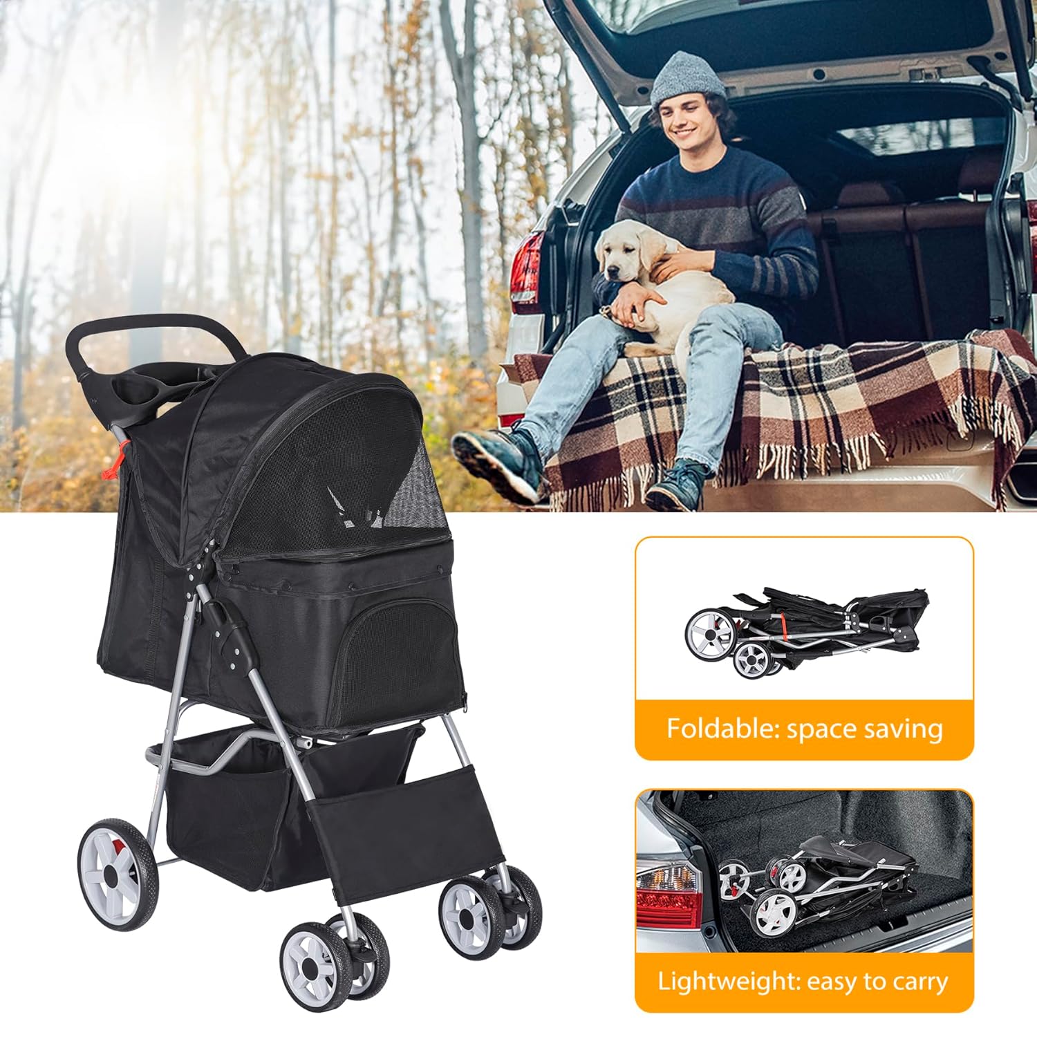 Pet Stroller for Dogs, Black 4 Wheels Cat Strolling Cart Foldable Travel Carrier, Waterproof Puppy Jogger Stroller with Storage Basket & Cup Holder