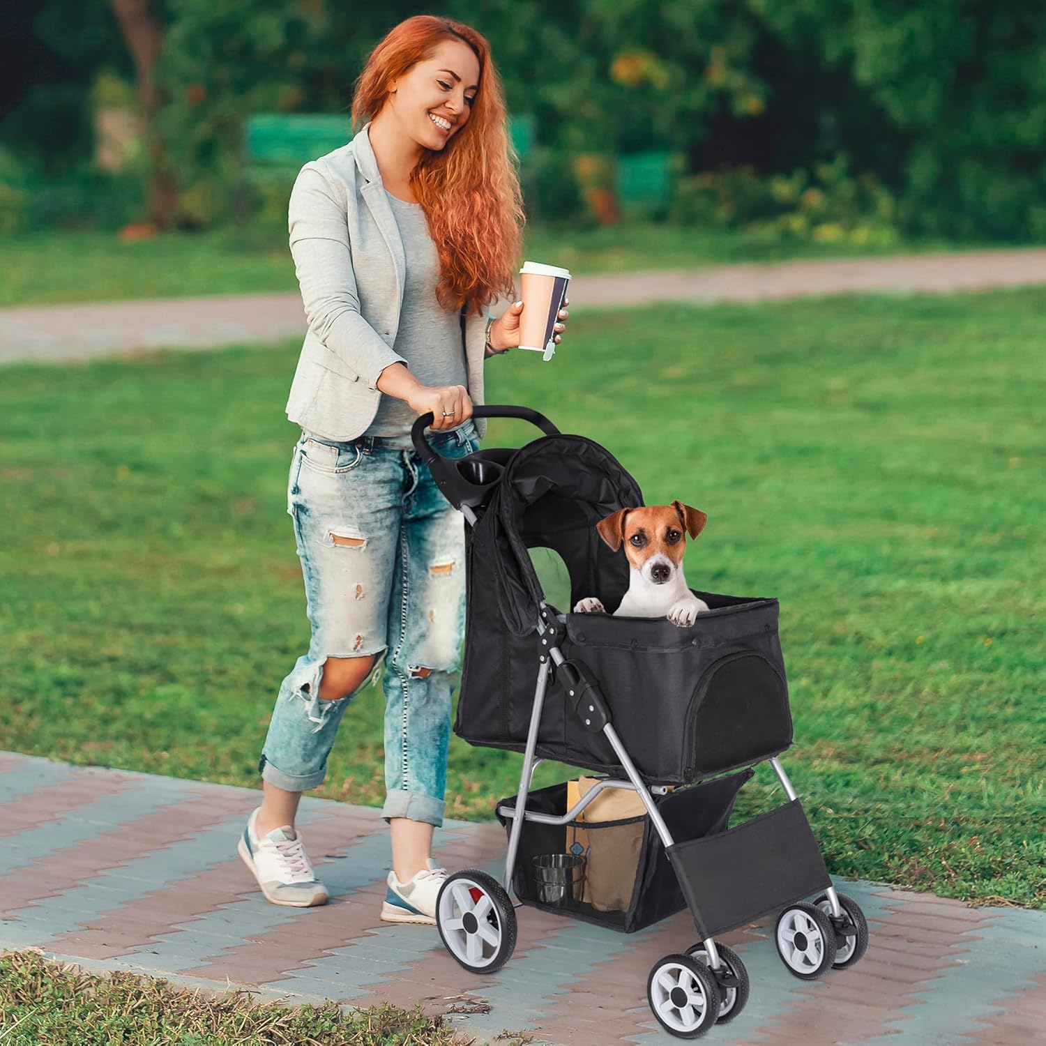 Pet Stroller for Dogs, Black 4 Wheels Cat Strolling Cart Foldable Travel Carrier, Waterproof Puppy Jogger Stroller with Storage Basket & Cup Holder