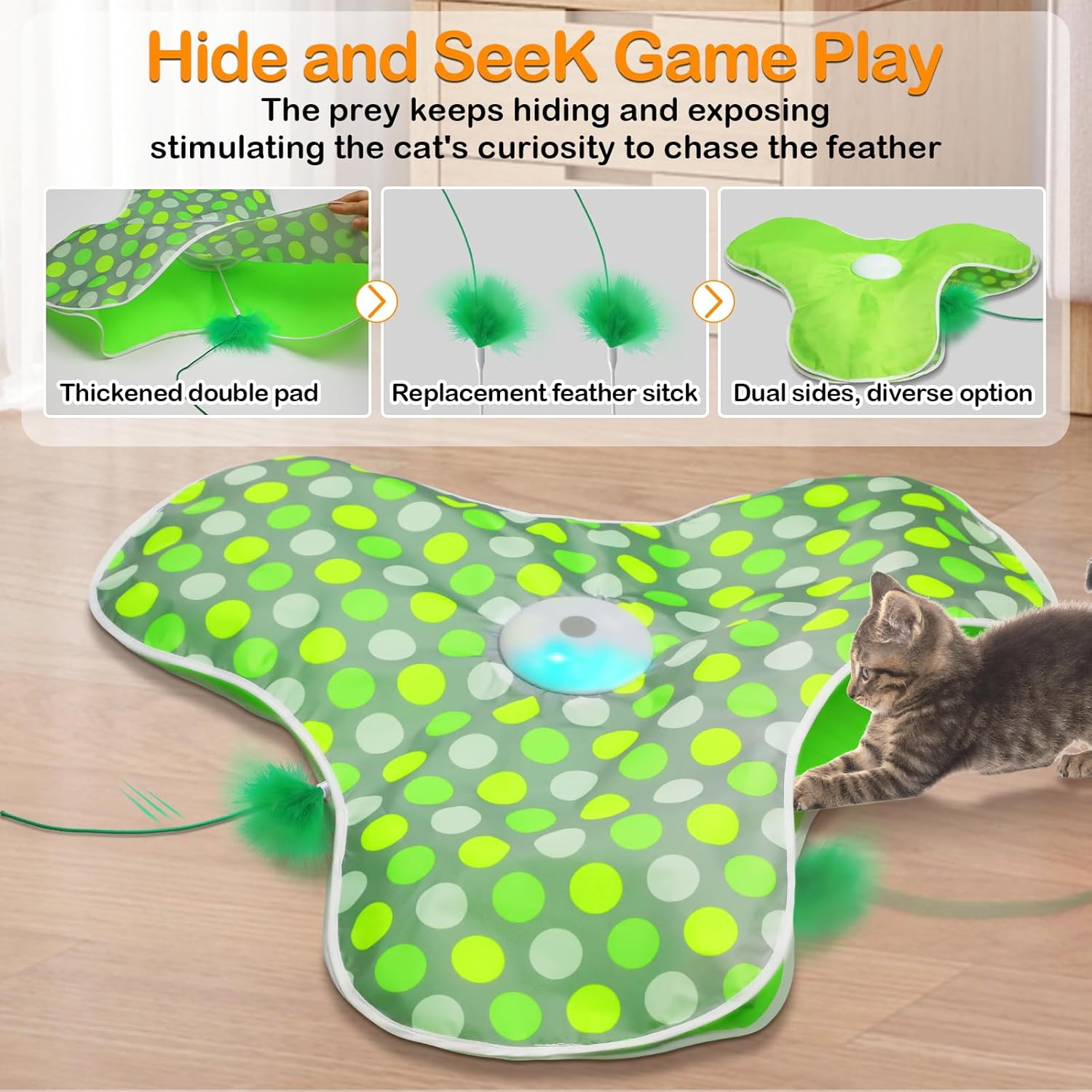 Interactive Cat Toys Rechargeable,Moving Concealed Feathers,Real Mouse Squeaky,Touch Activated Cat Kitten Toy Exercise Toys for Indoor Bored Adult Cats