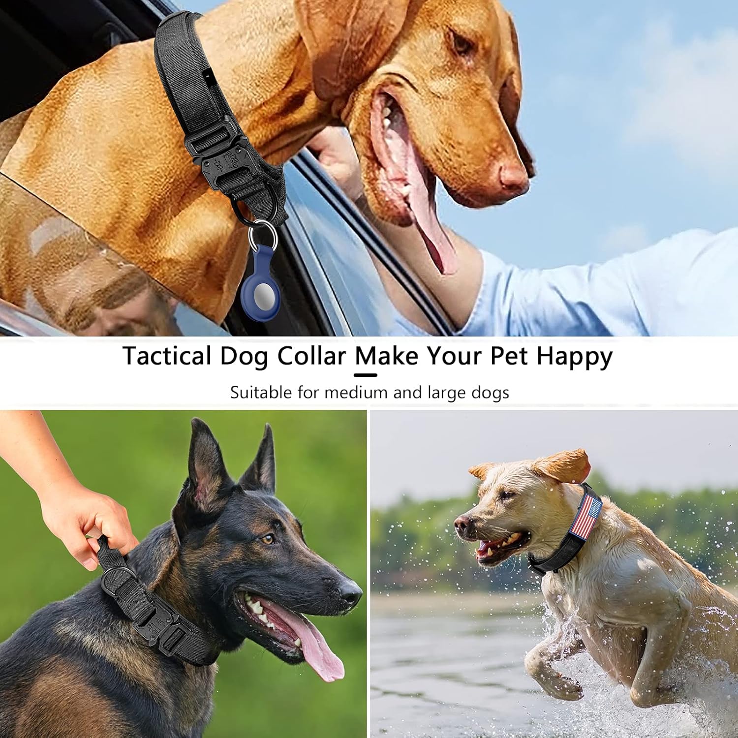 DAGANXI Tactical Dog Collar, Adjustable Military Training Nylon Dog Collar with Control Handle and Heavy Metal Buckle for Medium and Large Dogs, with Patches and Airtags Case (L, Black)