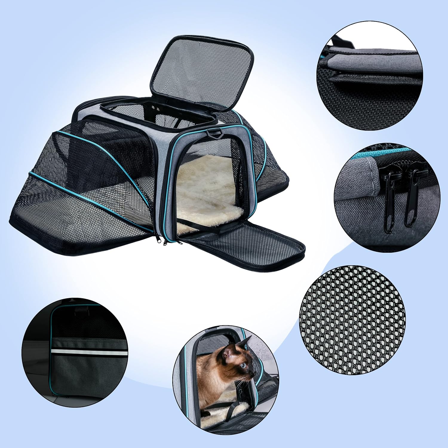 Cat Dog Carrier – Airline Approved Expandable Soft-Sided Pet Carrier with Removable Fleece Pad and Pockets, for Cats/Puppy and Small Animals Large(2 side expandable)