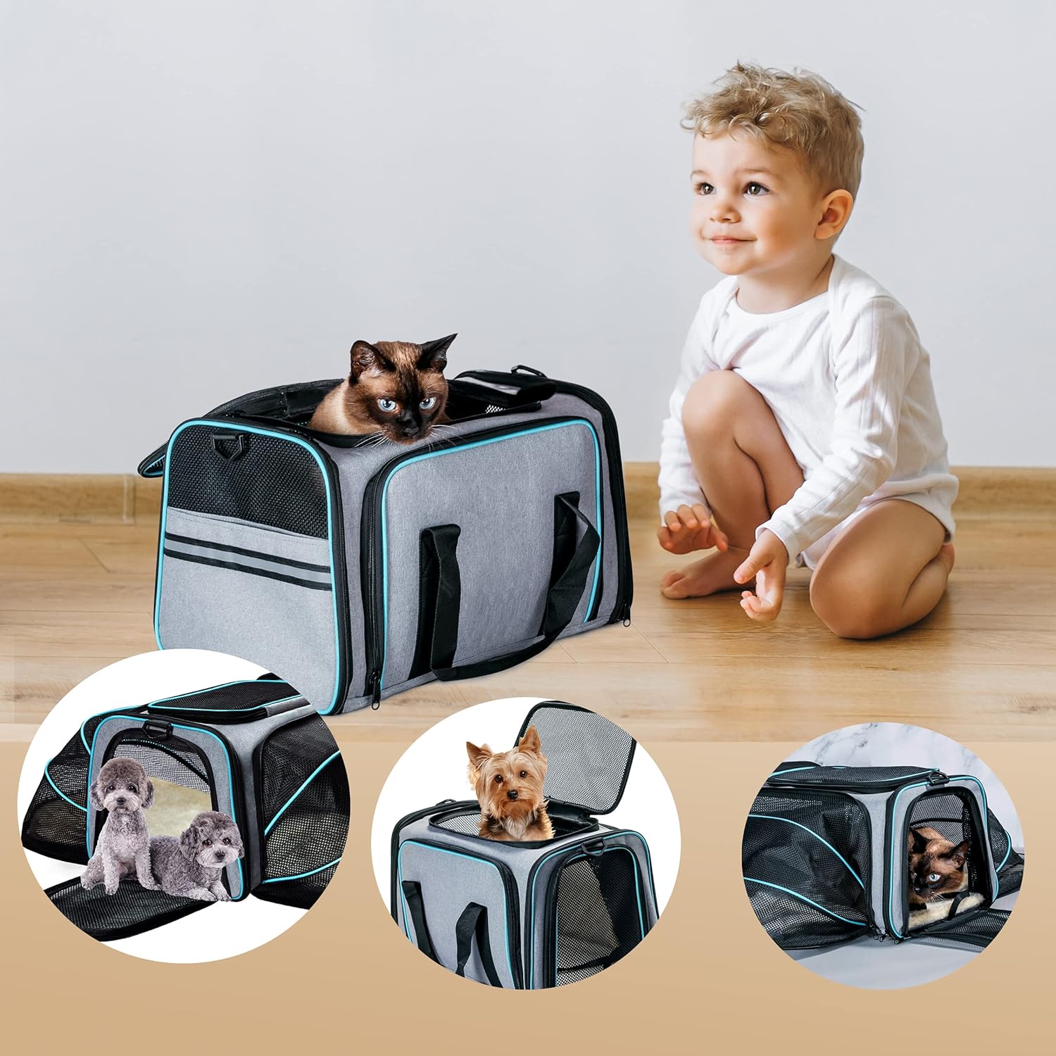 Cat Dog Carrier – Airline Approved Expandable Soft-Sided Pet Carrier with Removable Fleece Pad and Pockets, for Cats/Puppy and Small Animals Large(2 side expandable)