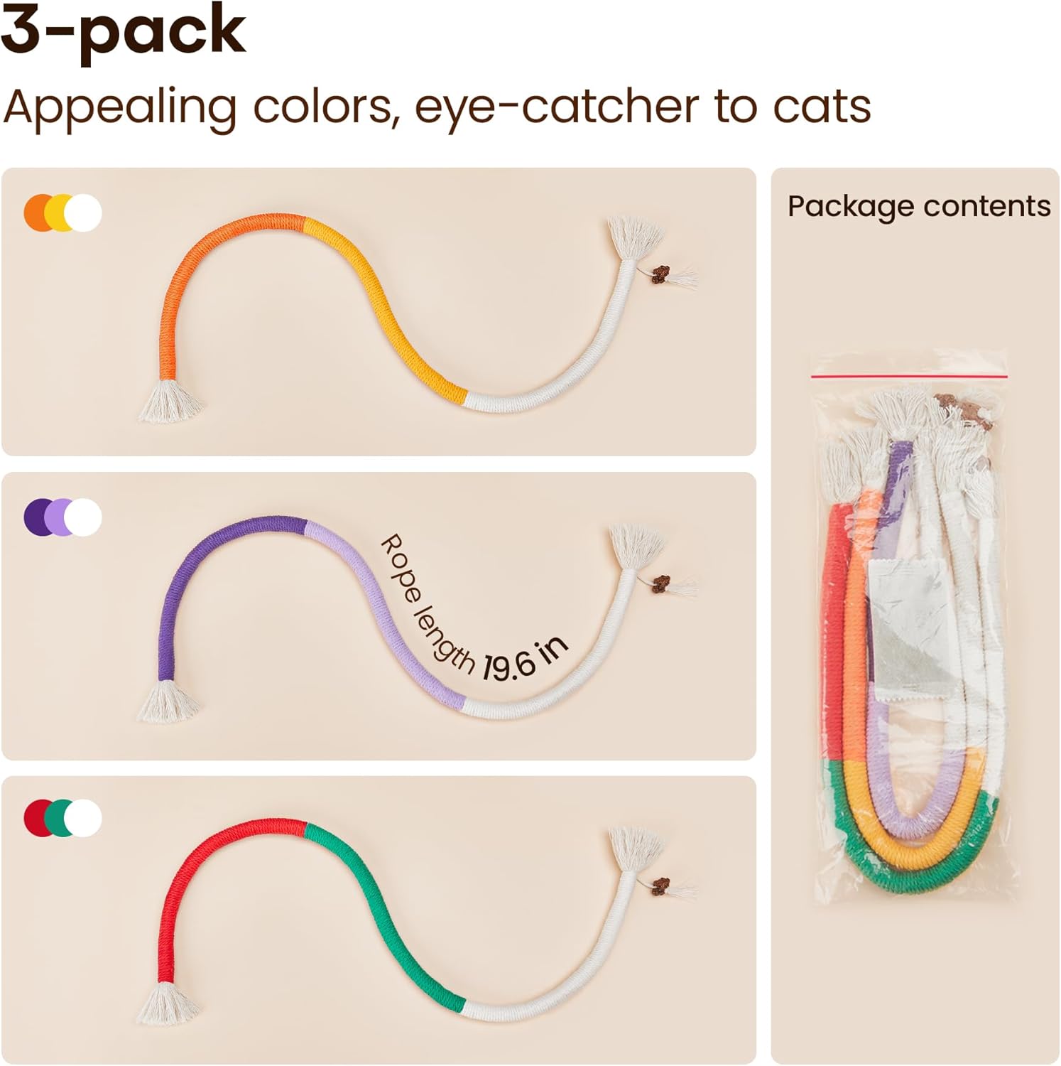 Potaroma Cat Toys Chew Ropes 3Pcs with Refillable Natural Catnip, Safe Teeth Cleaning Toy for Indoor Kittens, Interactive Cat Nip Kitty Toys for All Breeds 19.5 Inches