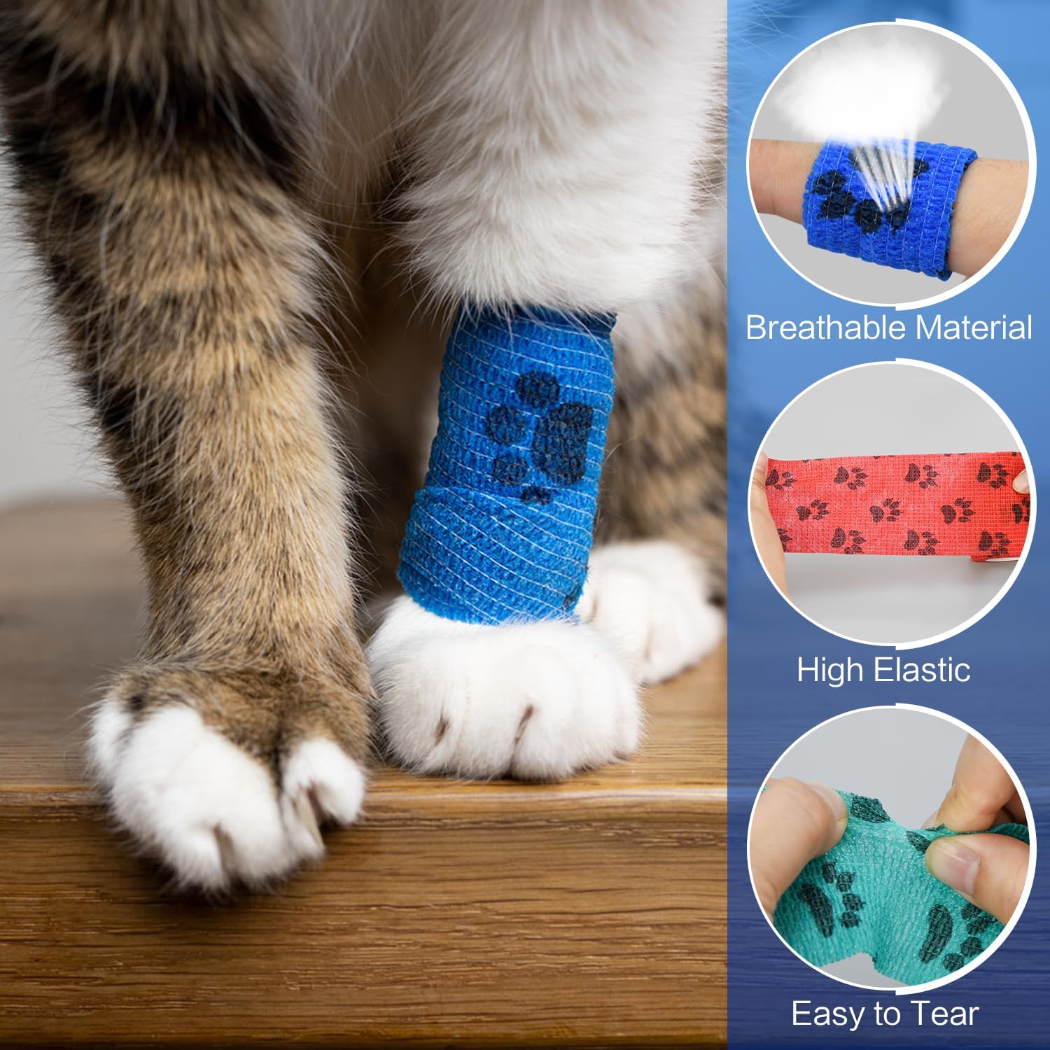 6pcs Vet Wraps, 2″ Self Adhesive Bandage Wraps, Non-Woven Pet Wraps for Dogs Pet Animals & Ankle Sprains & Swelling (2″, 6pcs, Paw Prints B)