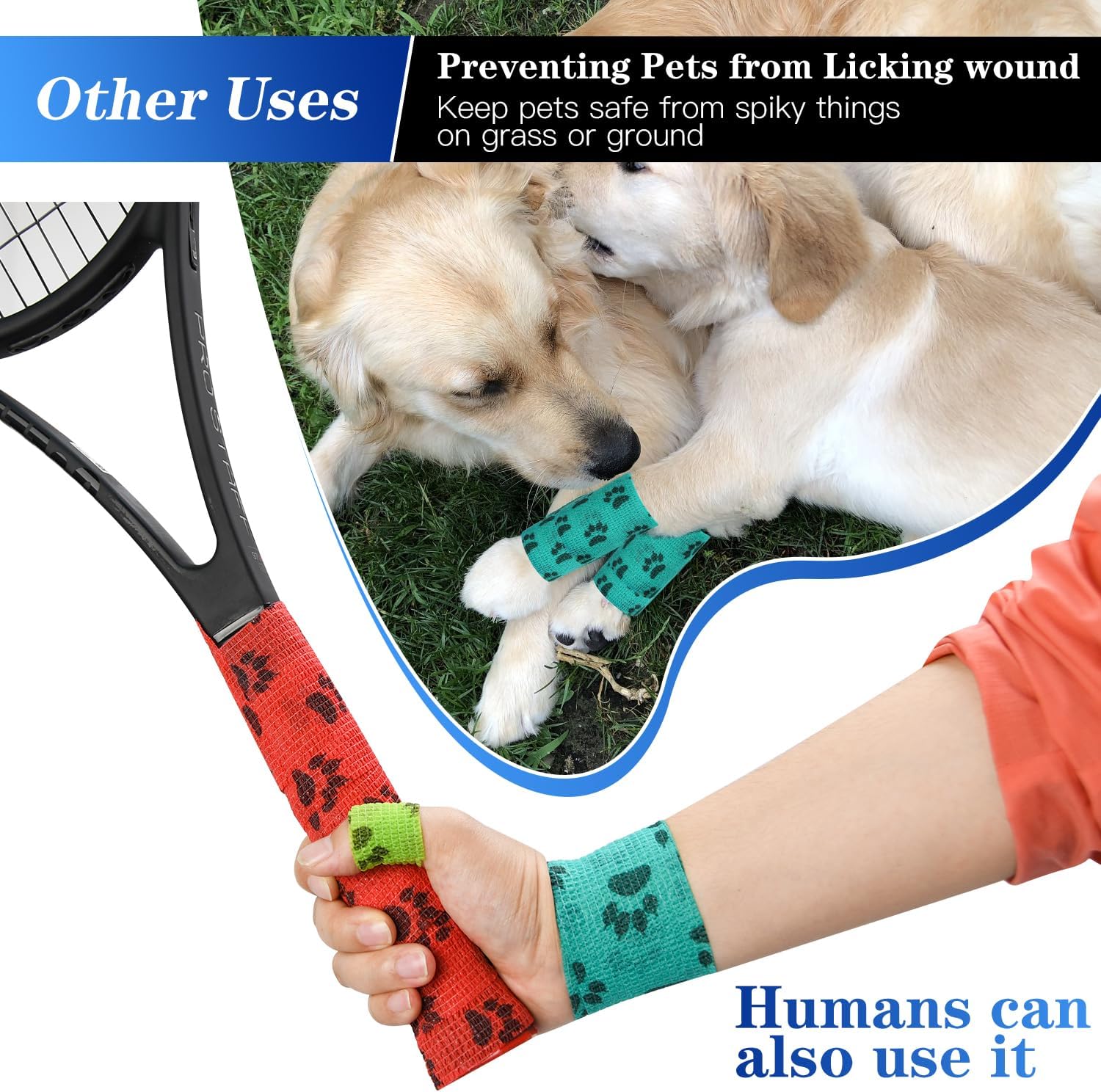 6pcs Vet Wraps, 2″ Self Adhesive Bandage Wraps, Non-Woven Pet Wraps for Dogs Pet Animals & Ankle Sprains & Swelling (2″, 6pcs, Paw Prints B)