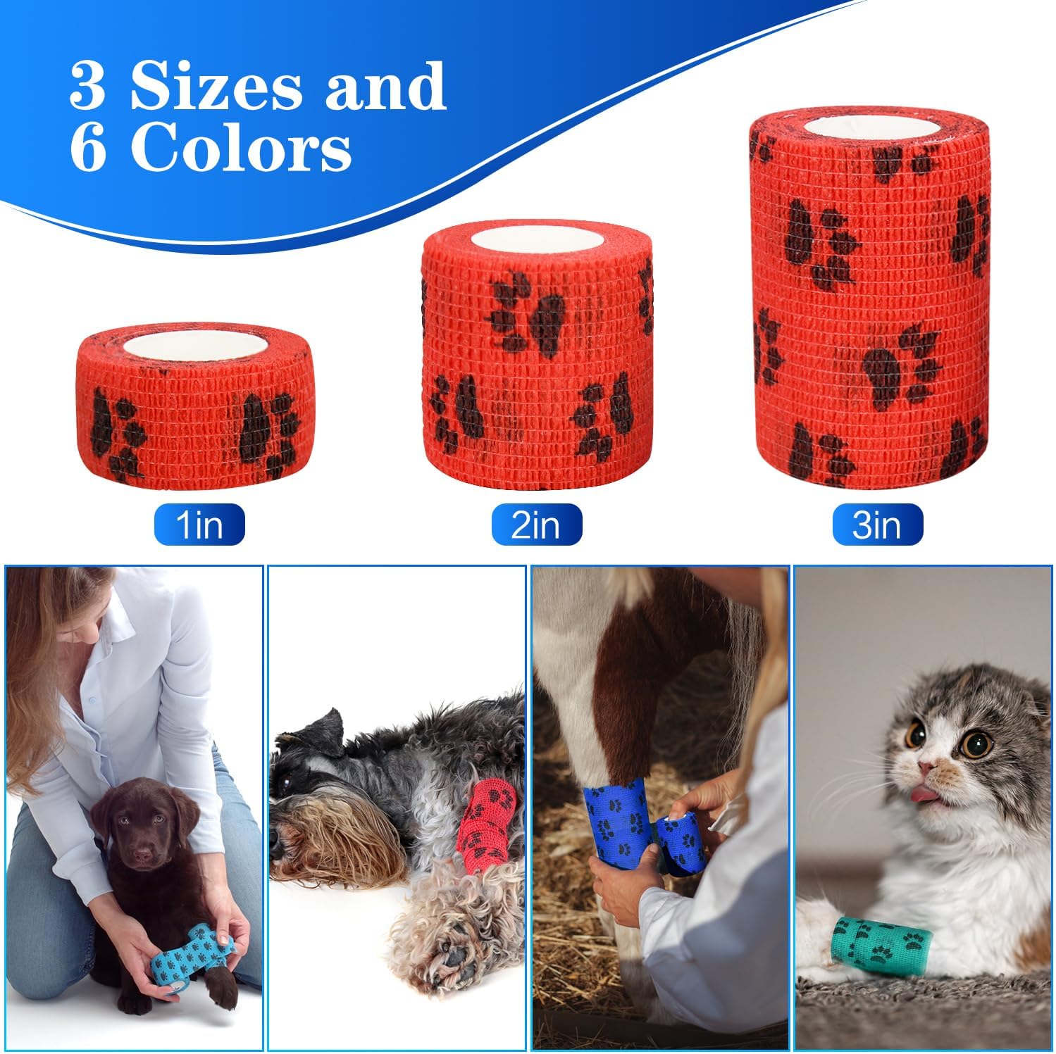 6pcs Vet Wraps, 2″ Self Adhesive Bandage Wraps, Non-Woven Pet Wraps for Dogs Pet Animals & Ankle Sprains & Swelling (2″, 6pcs, Paw Prints B)
