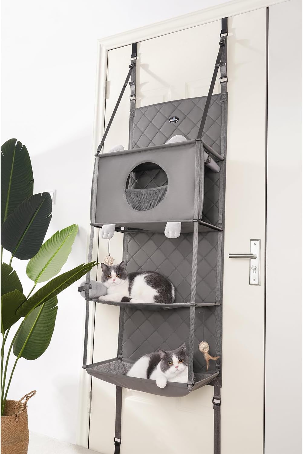 Hanging Cat Tree – Door Mounted Climber Cat Wall Cat Hammock for Indoor, Hanging/Elevated Bed – 4 Story with Removable Pillow,Ball Toy and Roller Blind