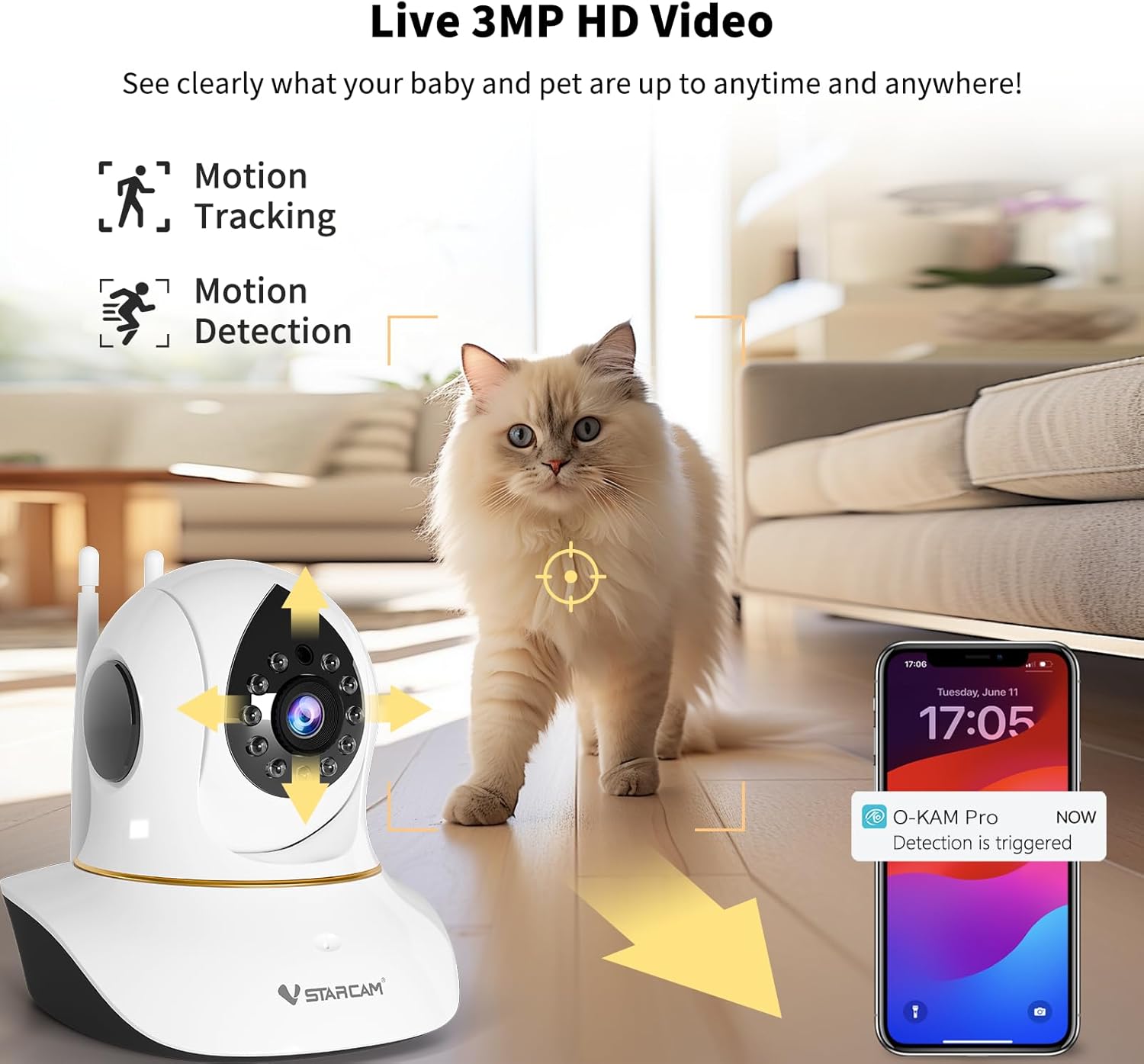 VSTARCAM Pet Camera for Cats, Interactive Dog & Cat Toy Camera with 3MP IR Night Vision, Motion Detection, 2-Way Audio, Cat Camera with Phone APP for Indoor Adult Cats/Kittens/Dogs