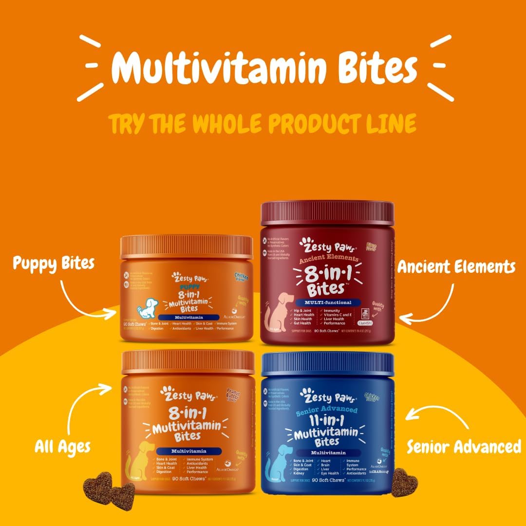 Zesty Paws Multivitamin Treats for Dogs, Glucosamine Chondroitin Joint Support + Digestive Enzymes & Probiotics, Grain Free Dog Vitamins and Supplements for Skin & Coat, Peanut Butter – 90ct
