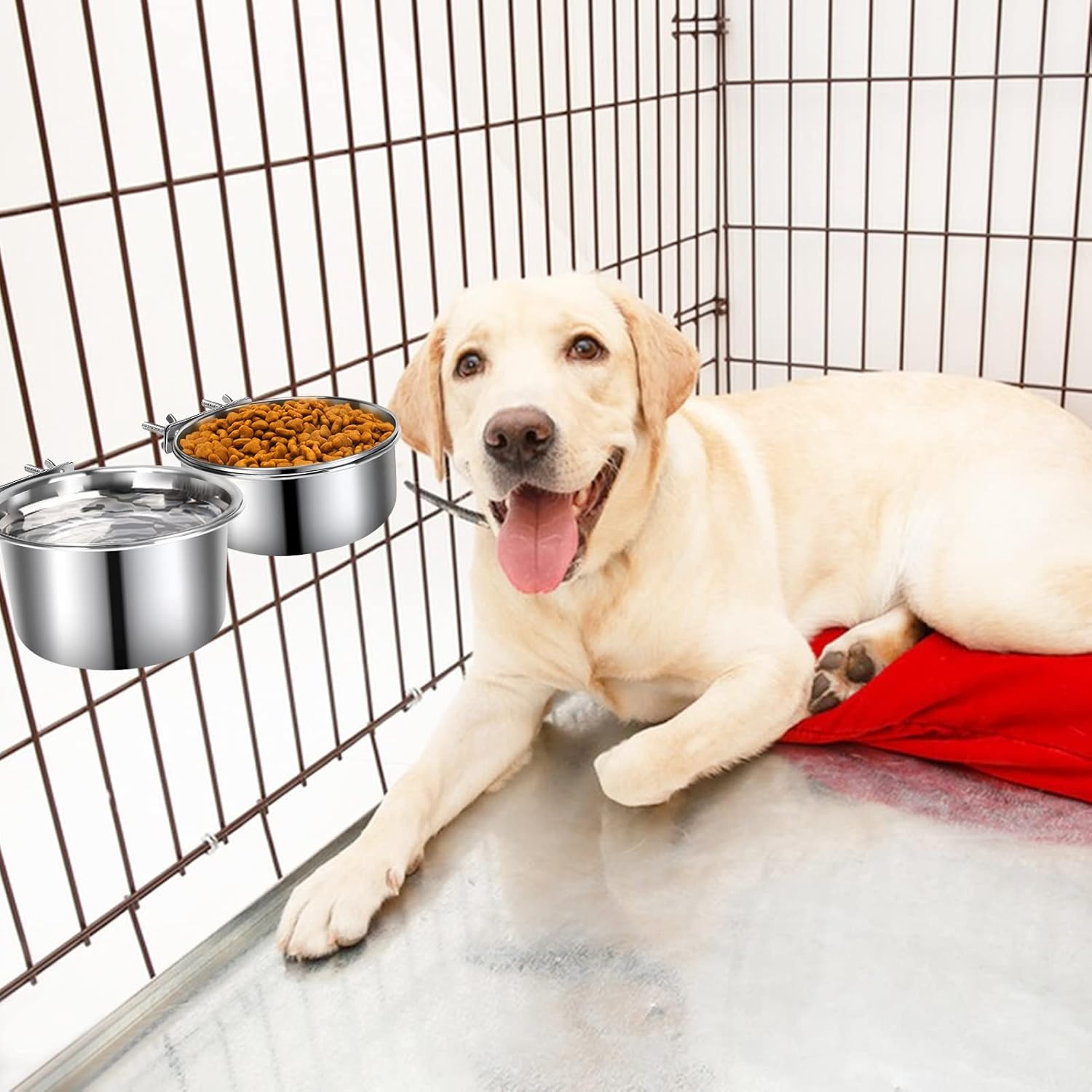 Dog Crate Water Bowl, 2 pcs Stainless Steel Large Dog Bowls 40oz & 60oz, Durable Anti-Spill Pet Metal Bowl for Cage Kennel Crate, Hanging Water/Food Bowl for Medium & Large Dogs
