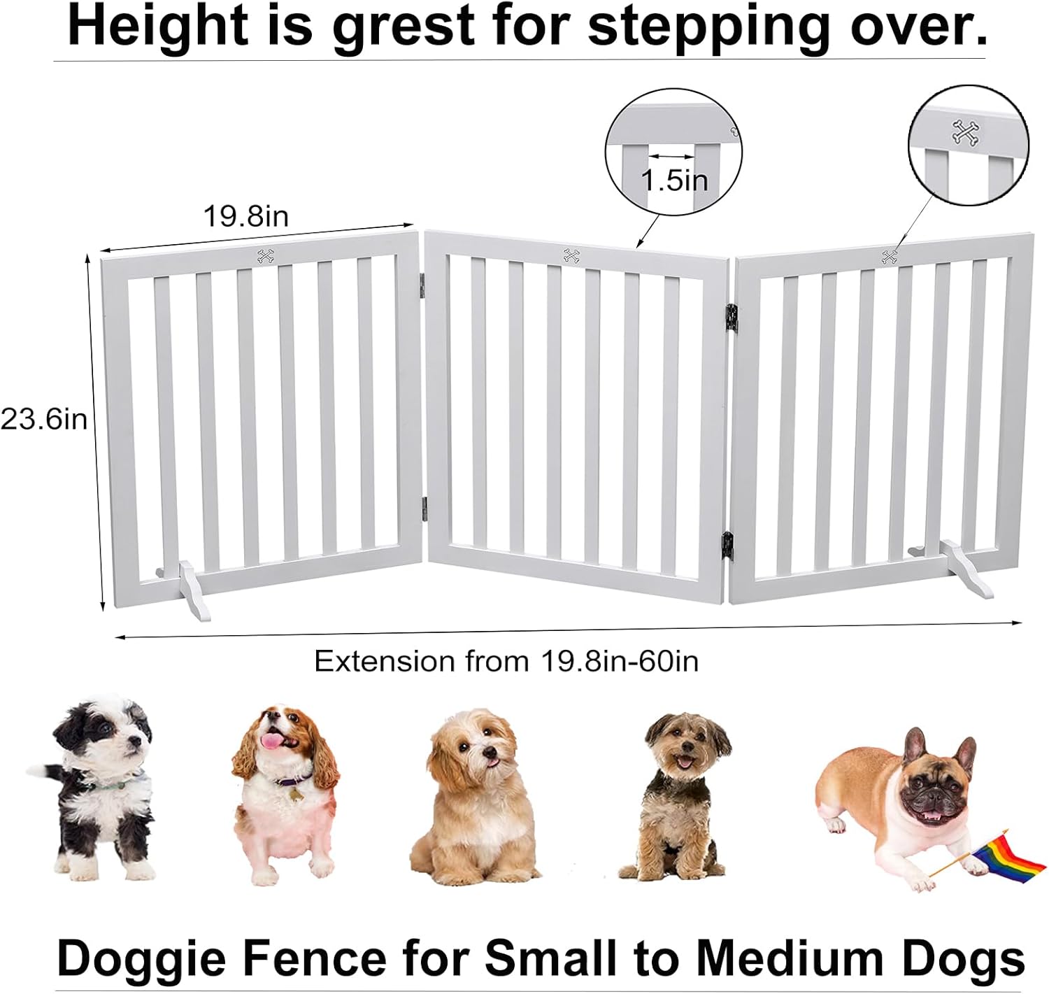 Dog Gate Wooden Freestanding Pet Gate Indoor Dog Fences,Pet Gate for Dogs,House Gate for Doorways & Stairs,3 Panel 23.6′ Height-White
