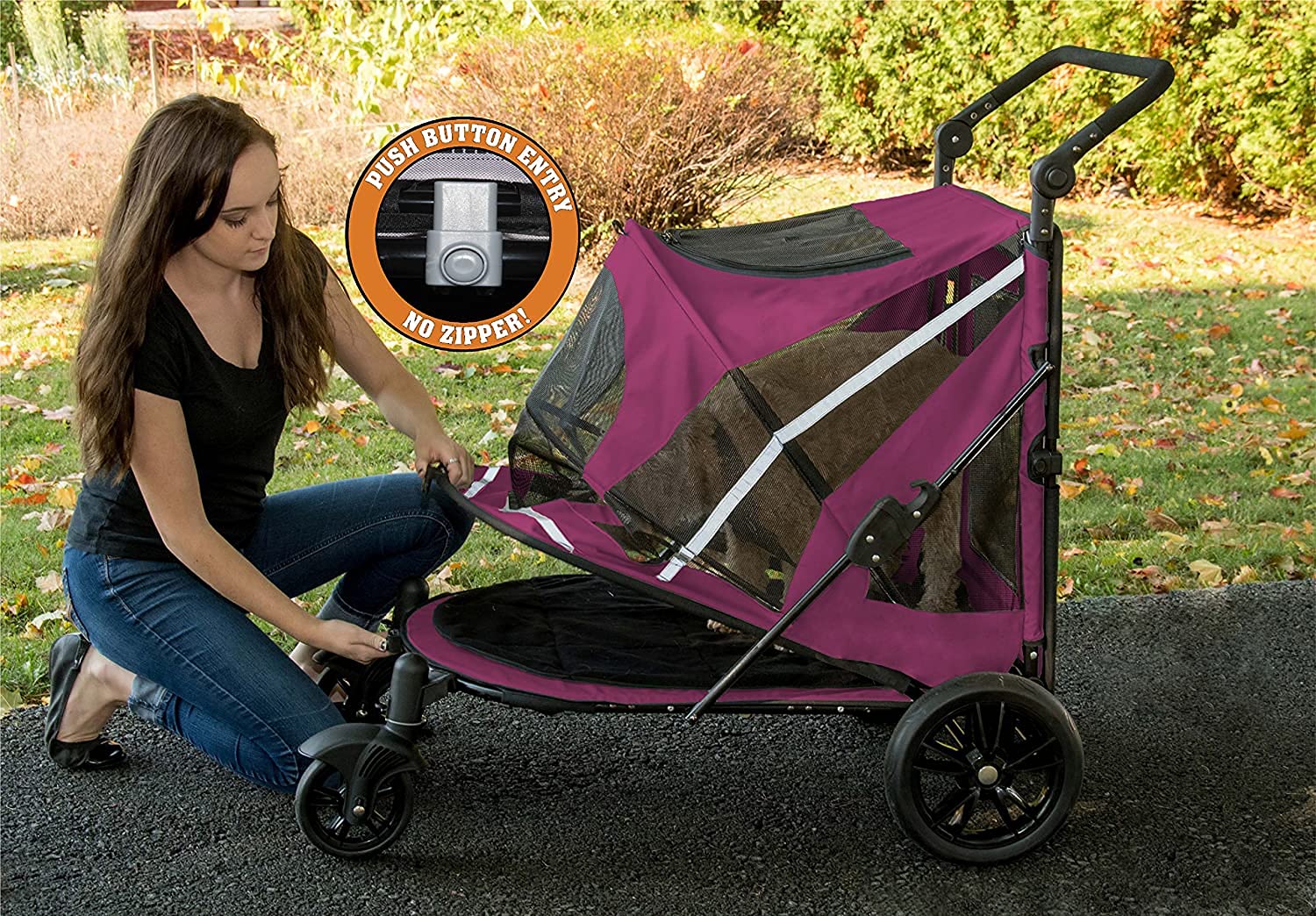 Pet Gear NO-Zip Pet Stroller with Dual Entry, Push Button Zipperless Entry for Single or Multiple Dogs/Cats, Pet Can Easily Walk in/Out, No Need to Lift Pet, Gel-Filled Tires