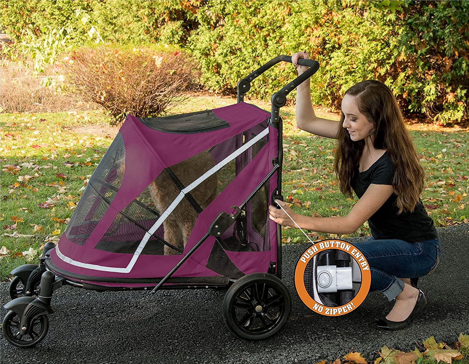 Pet Gear NO-Zip Pet Stroller with Dual Entry, Push Button Zipperless Entry for Single or Multiple Dogs/Cats, Pet Can Easily Walk in/Out, No Need to Lift Pet, Gel-Filled Tires