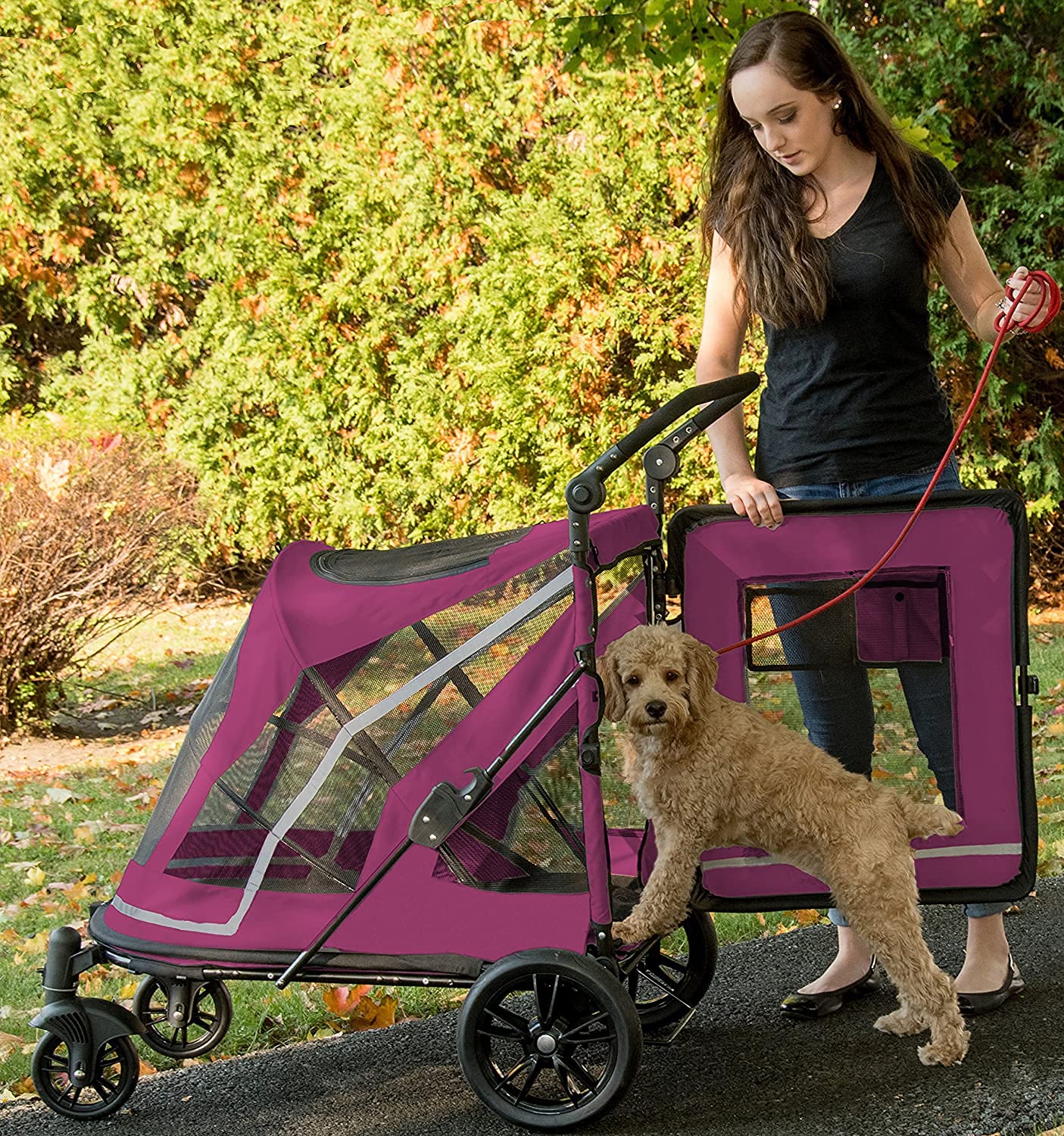 Pet Gear NO-Zip Pet Stroller with Dual Entry, Push Button Zipperless Entry for Single or Multiple Dogs/Cats, Pet Can Easily Walk in/Out, No Need to Lift Pet, Gel-Filled Tires