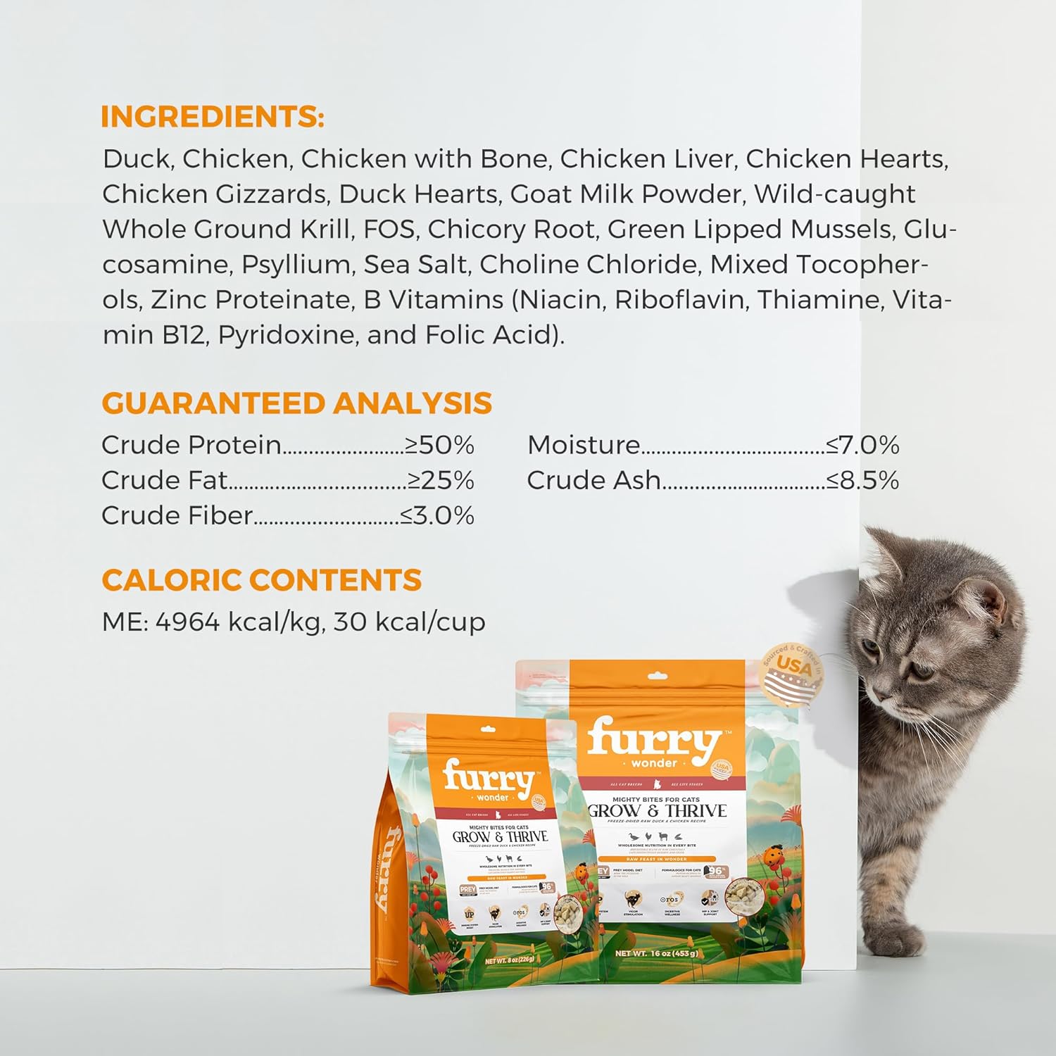 FURRY WONDER Freeze Dried Raw Cat Food Duck and Chicken Recipe 16 Ounce, USA Made High Protein Grain Free Cat Food for Complete Meal or Food Topper, Freeze Dried Raw Diet for Growth & Thrive