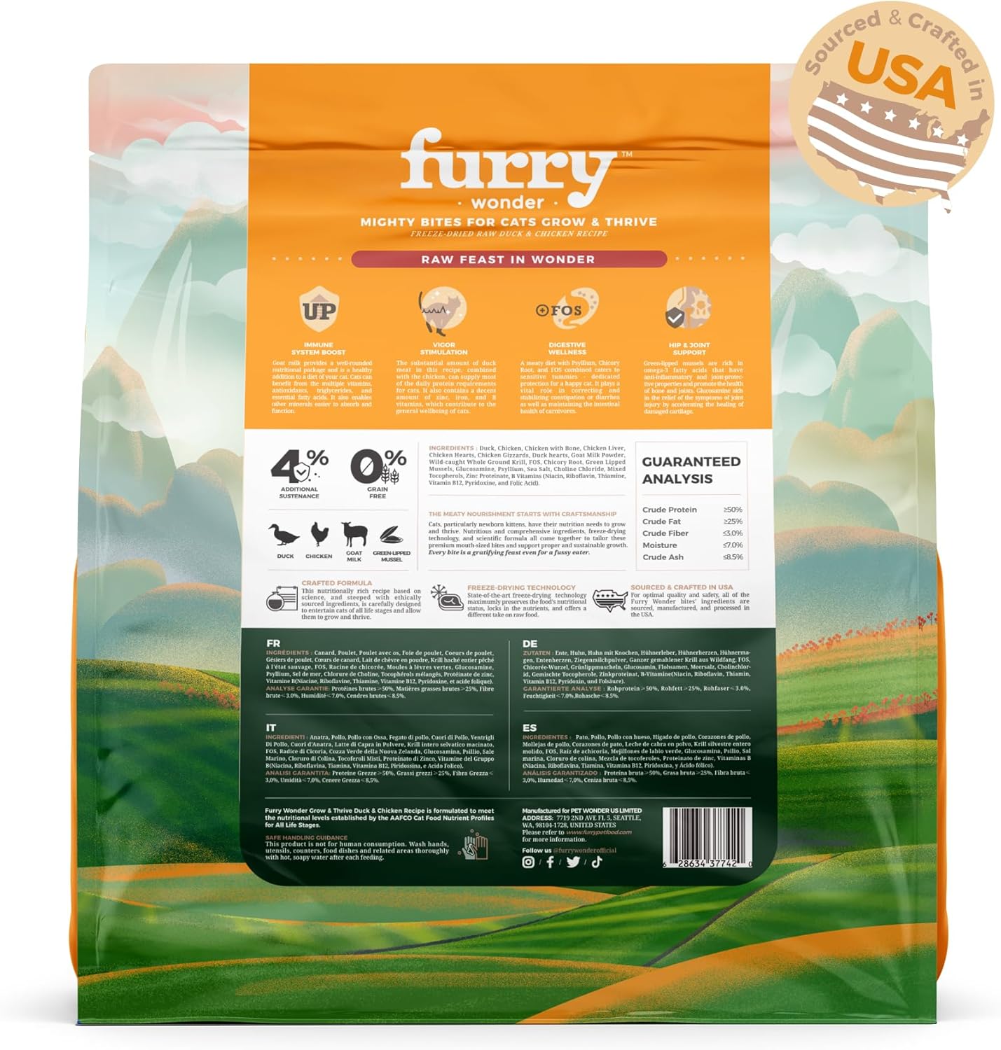 FURRY WONDER Freeze Dried Raw Cat Food Duck and Chicken Recipe 16 Ounce, USA Made High Protein Grain Free Cat Food for Complete Meal or Food Topper, Freeze Dried Raw Diet for Growth & Thrive