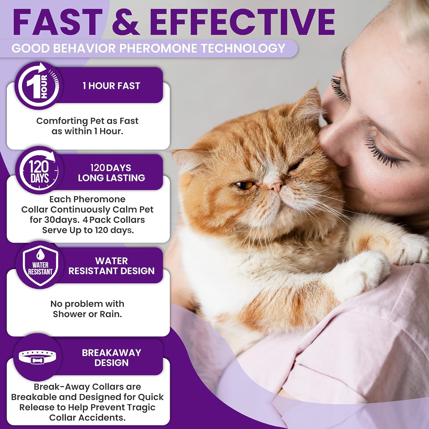 Calming Collar for Cats: Pheromone-Infused Behavior Support, Long-Lasting 30-Day Effect, Adjustable & Waterproof, 4-Pack (X Purple)