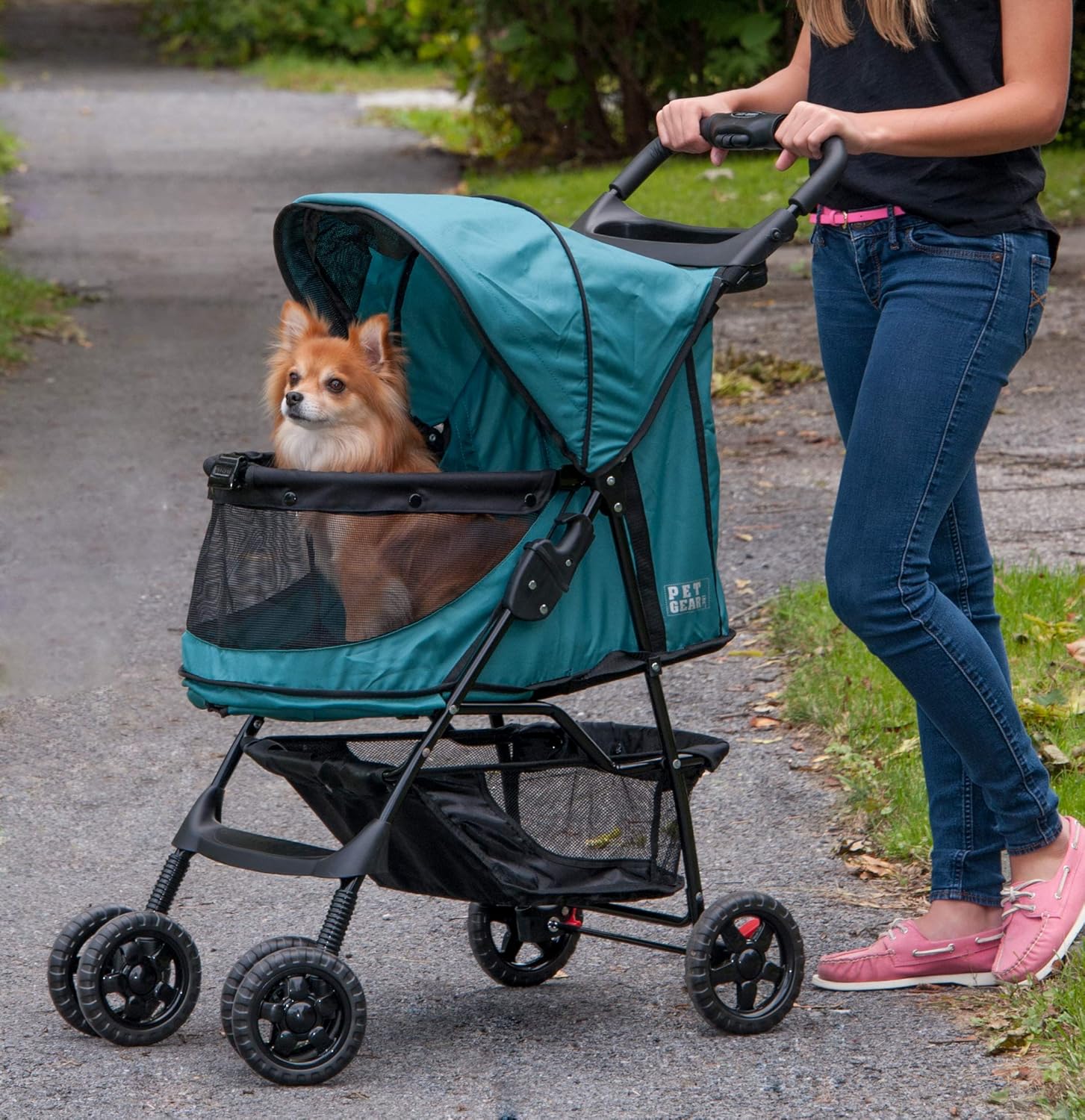 Pet Gear No-Zip Happy Trails Pet Stroller for Cats/Dogs, Zipperless Entry, Easy Fold with Removable Liner, Safety Tether, Storage Basket + Cup Holder, 3 Colors New Emerald