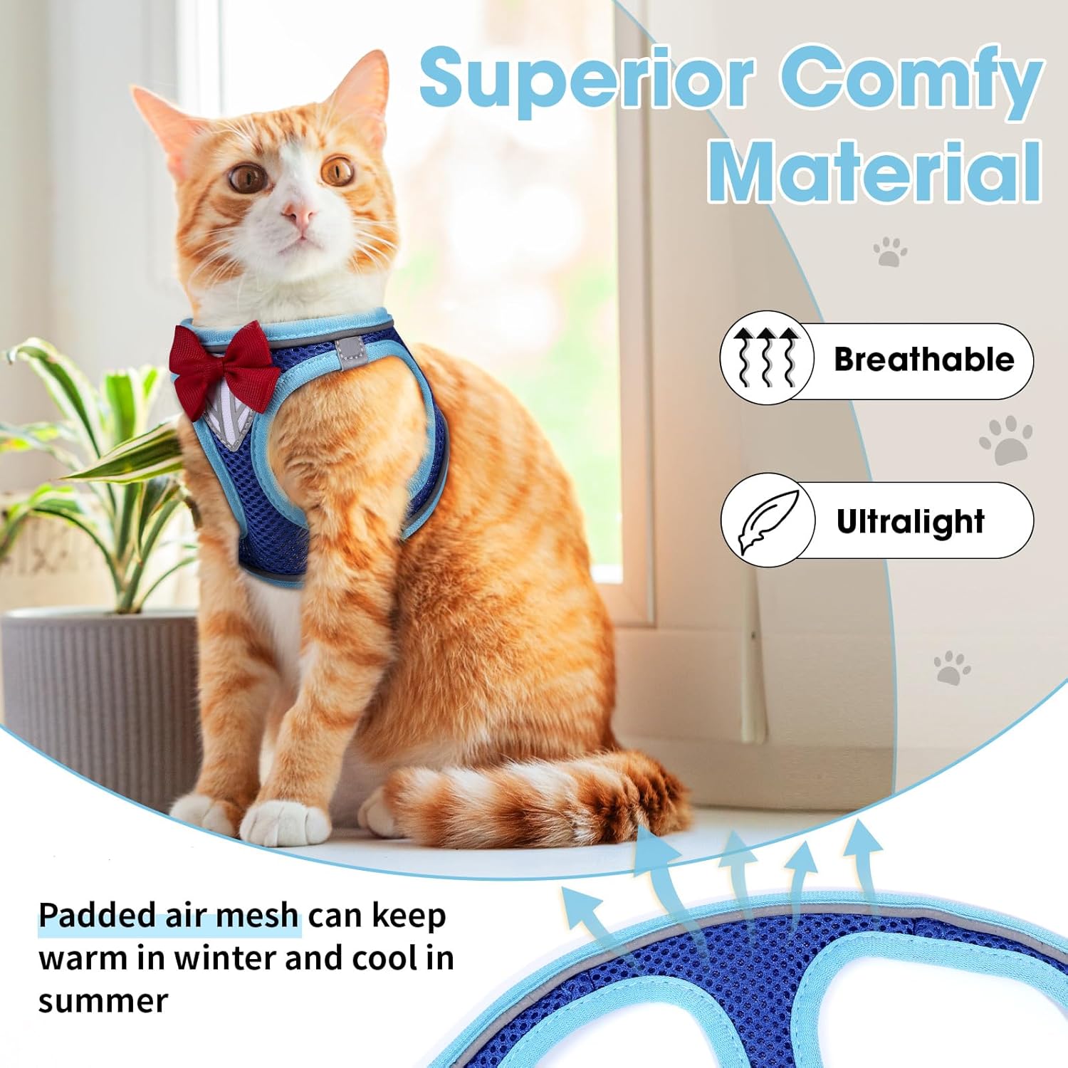 Cat Vest Harness and Leash Set for Walking Escape Proof, Adjustable Kitten Harness Breathable Mesh with Reflective Strips Harness for Kitty Puppy Bunny (Blue, XS)
