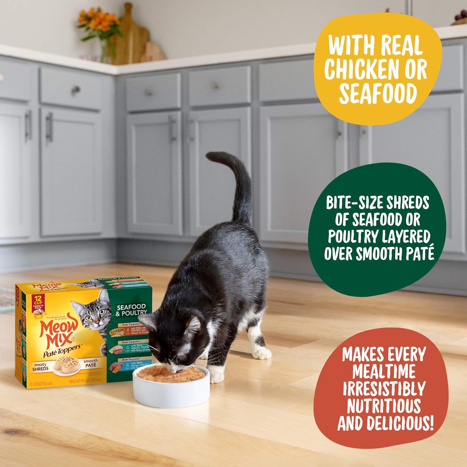 Meow Mix Paté & Shreds Wet Cat Food Variety Pack, Seafood & Poultry Favorites, 2.75 Ounce Cup (Pack of 12)