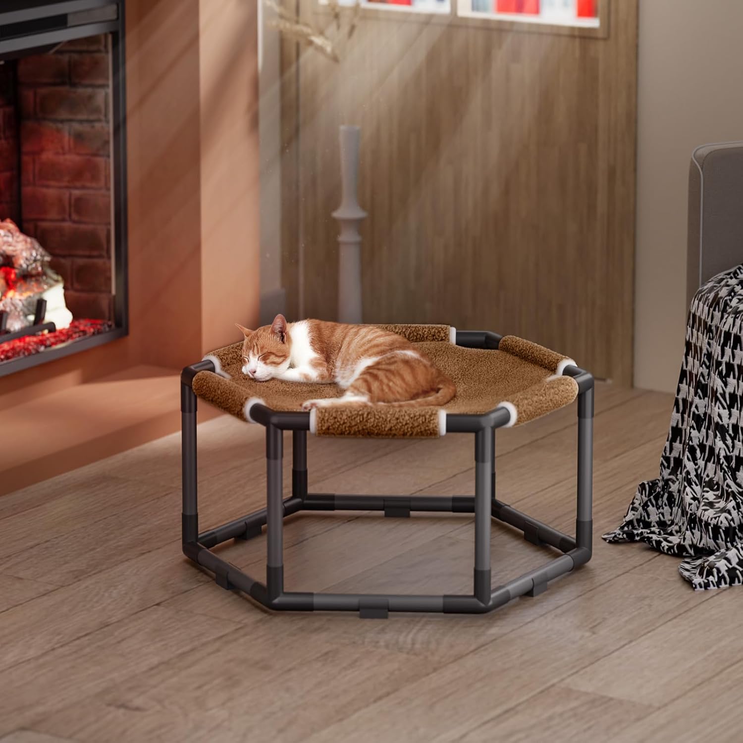 Tresbro Hexagon Warm Elevated Cat Bed with Thick Teddy Velvet & Anti-Slip Pads, Raised Cat Hammock Bed for Indoor and Outdoor Use, 20.5” x 18” x 9.4” Pet Hammock for Medium to Small Kitty