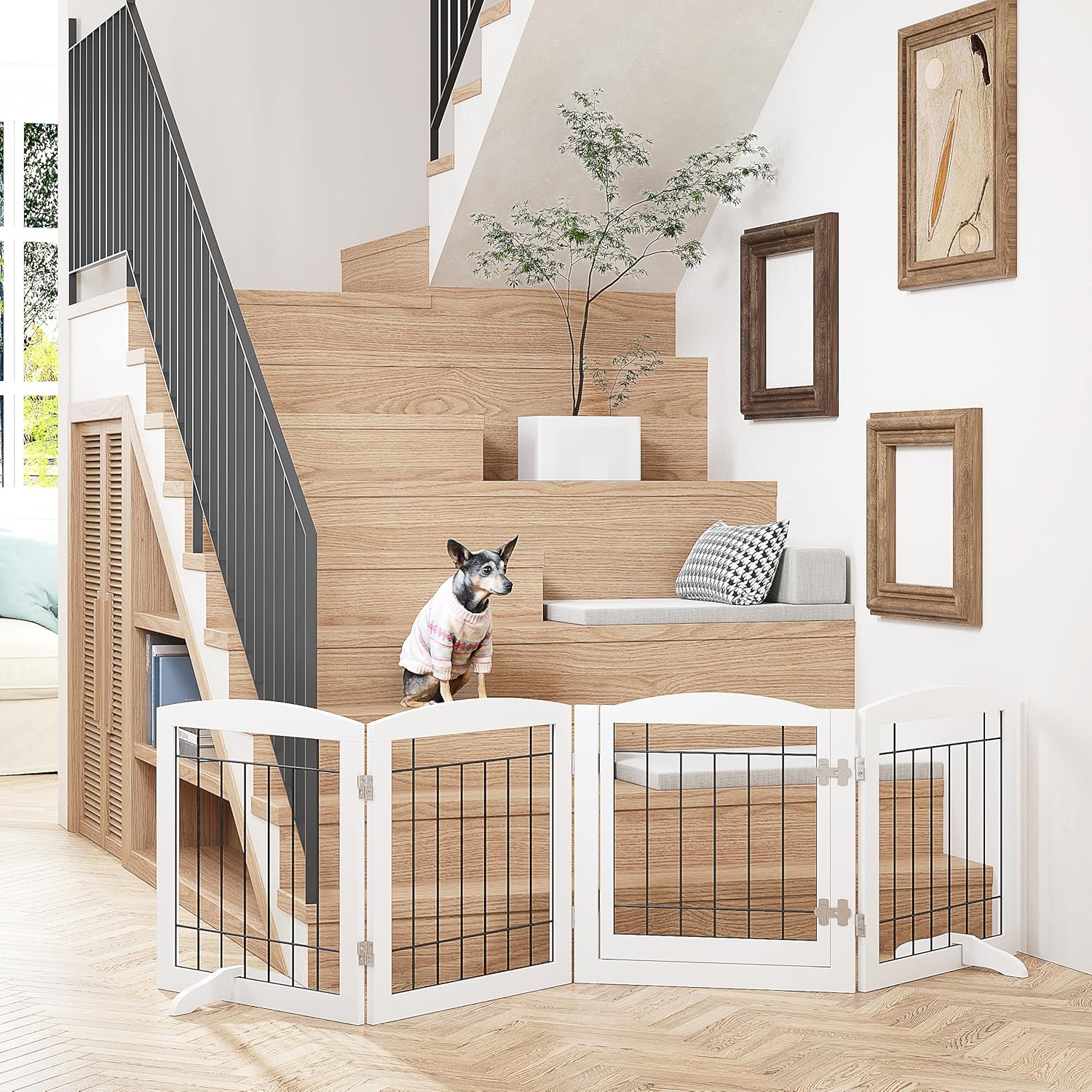PAWLAND Freestanding Dog gate with Walk Through Door, Dog Gates for Doorways, The House, Stairs, 80″ Wide Pet Puppy Safety Fence with Support Feet, 4 Panels, White