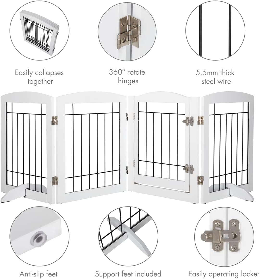 PAWLAND Freestanding Dog gate with Walk Through Door, Dog Gates for Doorways, The House, Stairs, 80″ Wide Pet Puppy Safety Fence with Support Feet, 4 Panels, White