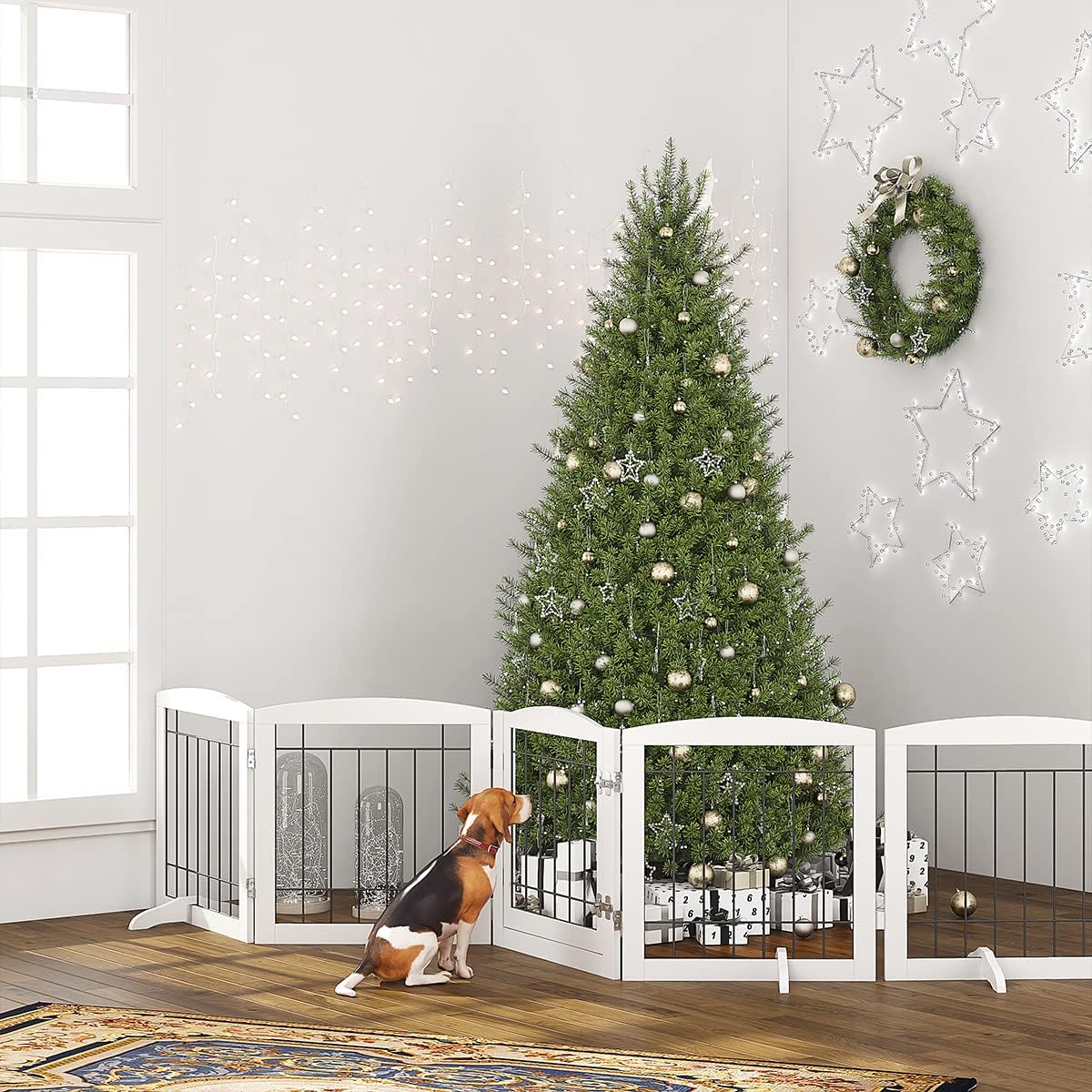 PAWLAND Freestanding Dog gate with Walk Through Door, Dog Gates for Doorways, The House, Stairs, 80″ Wide Pet Puppy Safety Fence with Support Feet, 4 Panels, White