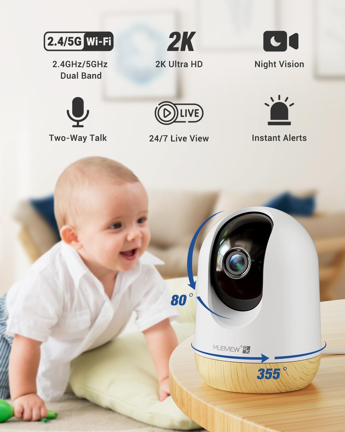 MUBVIEW 5G WiFi Indoor Security Camera No Subscription, Pet Indoor with Phone App, Baby Monitor WiFi Smartphone, 2K Night Vision Pan-Tilt Dog Camera, Auto Tracking, 2-Way Audio, Local&Cloud Storage