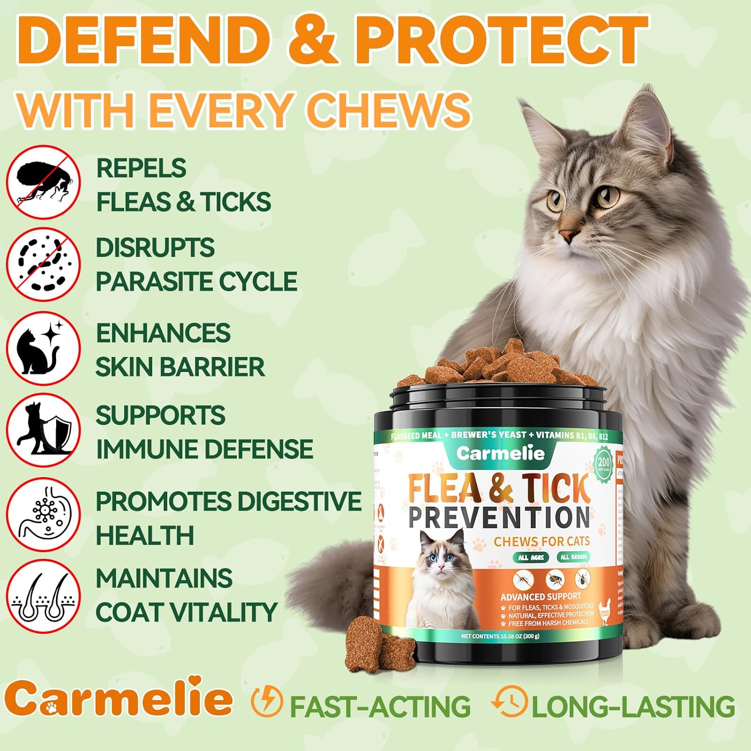 Flea Treatment for Cats – 200 Chews Flea and Tick Prevention for Cats Chewables – Kitten Flea Treatment Soft Treats for All Breeds & Ages – Natural Cat Flea and Tick Treatment Pills – Chicken Flavor