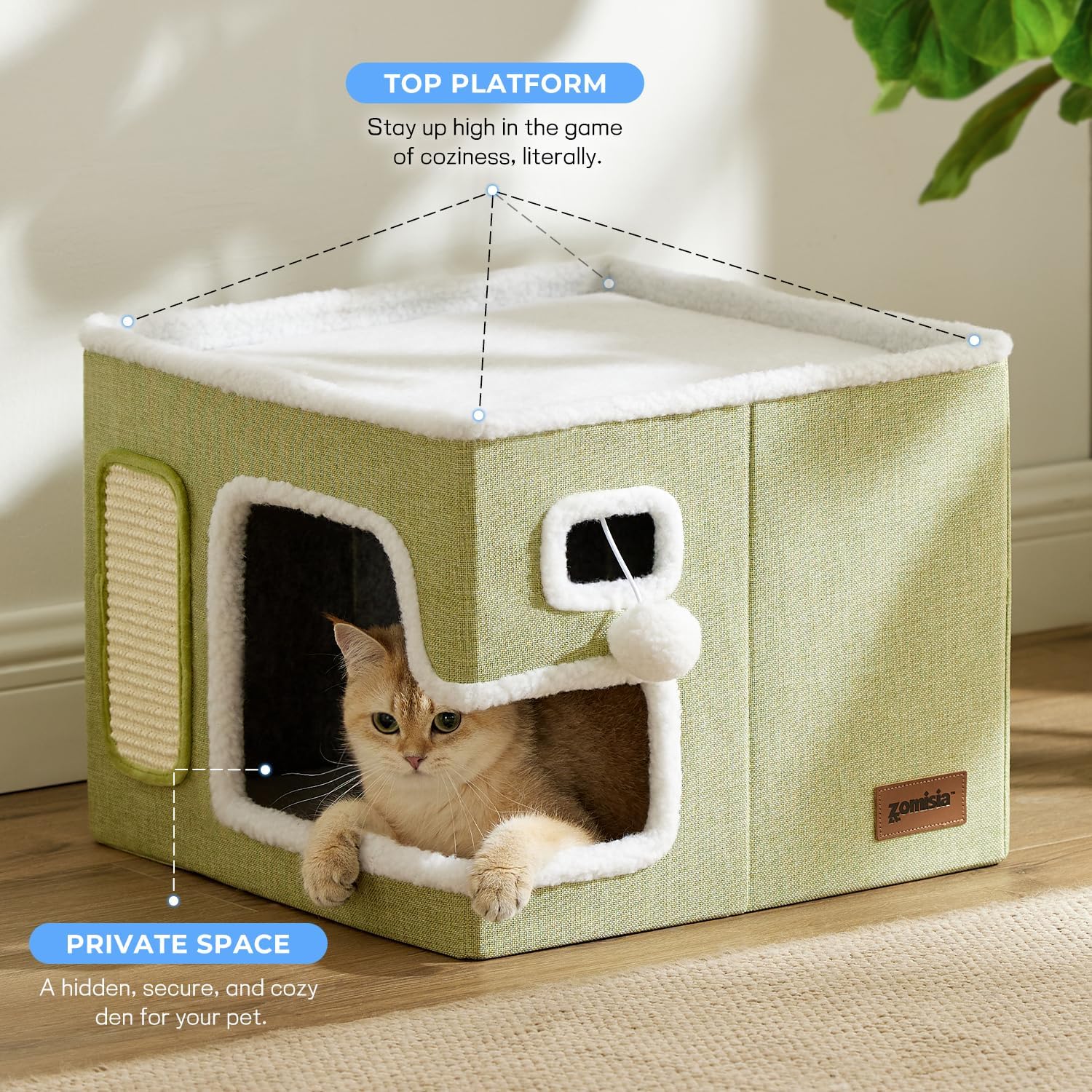 Cat Beds for Indoor Cats – Large Cat House for Pet with Fluffy Ball Hanging and Scratch Pad, Foldable Cat Hideaway,16.5×16.5×13 inches, Grey