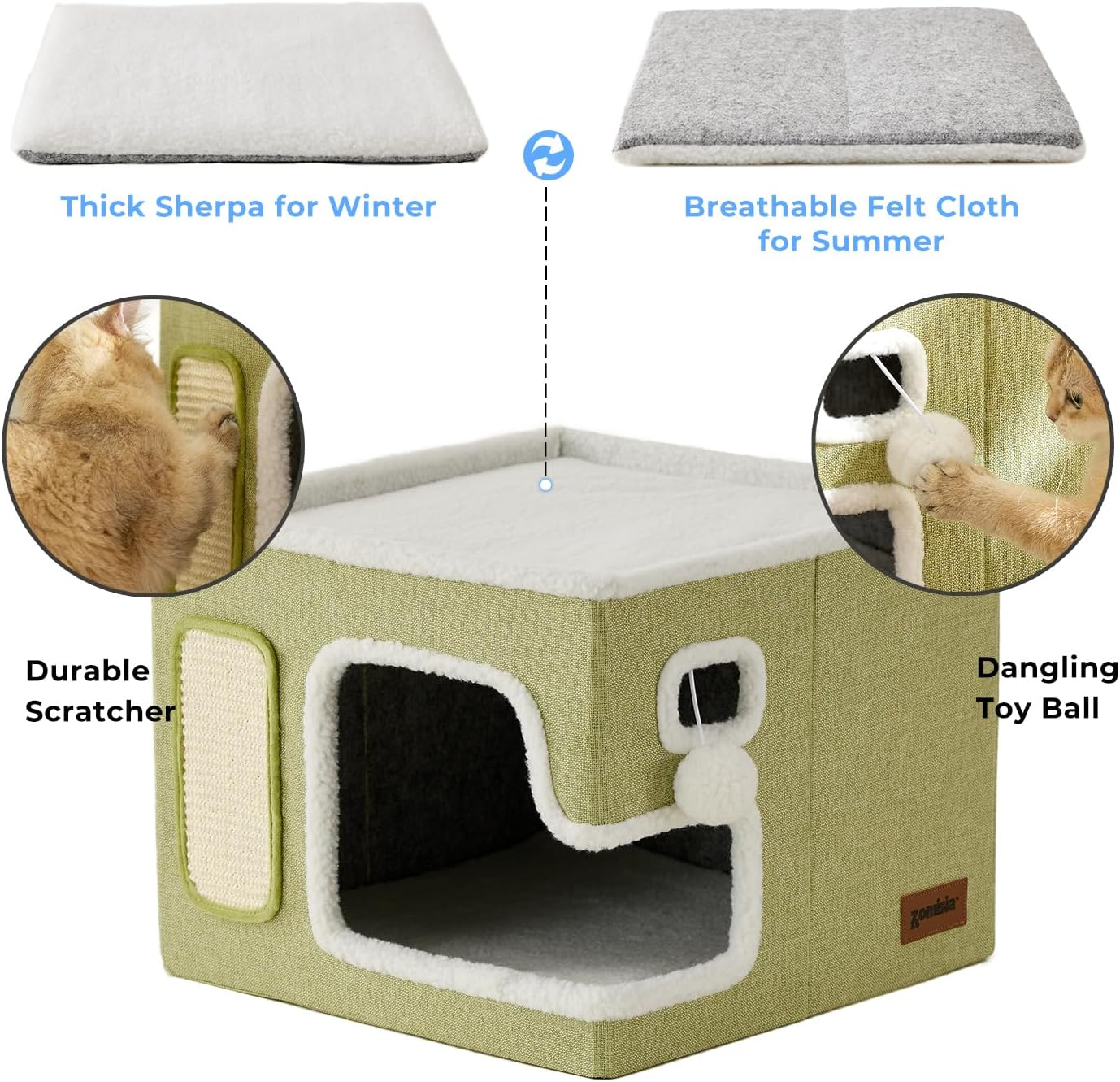 Cat Beds for Indoor Cats – Large Cat House for Pet with Fluffy Ball Hanging and Scratch Pad, Foldable Cat Hideaway,16.5×16.5×13 inches, Grey