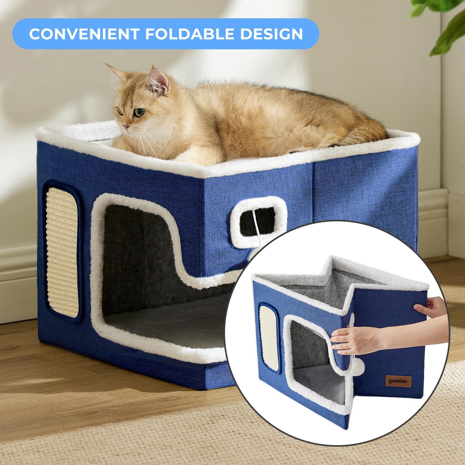 Cat Beds for Indoor Cats – Large Cat House for Pet with Fluffy Ball Hanging and Scratch Pad, Foldable Cat Hideaway,16.5×16.5×13 inches, Grey