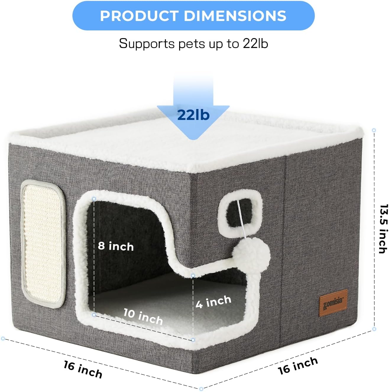 Cat Beds for Indoor Cats – Large Cat House for Pet with Fluffy Ball Hanging and Scratch Pad, Foldable Cat Hideaway,16.5×16.5×13 inches, Grey