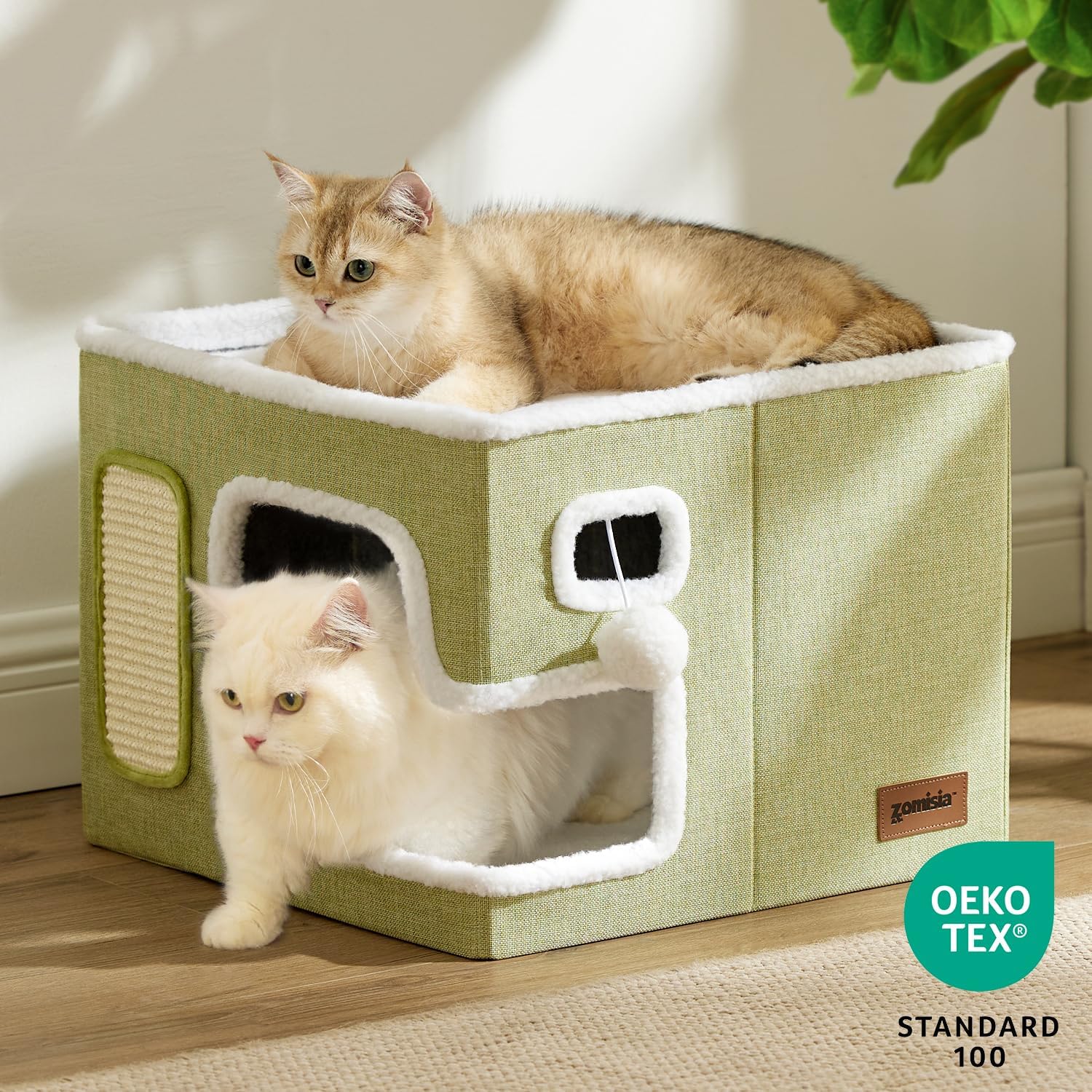 Cat Beds for Indoor Cats – Large Cat House for Pet with Fluffy Ball Hanging and Scratch Pad, Foldable Cat Hideaway,16.5×16.5×13 inches, Grey