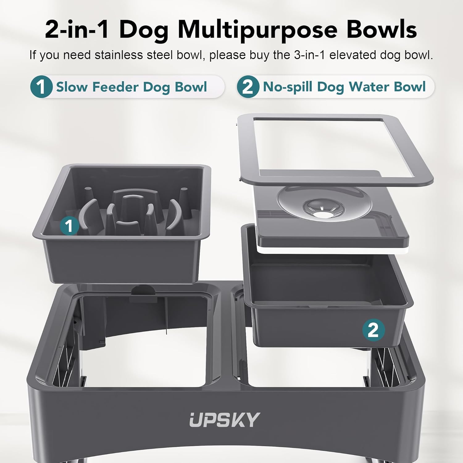 UPSKY 2-in-1 Elevated Dog Bowls Slow Feeder, 4 Height Adjustable Raised Dog Bowl Stand No Spill Dog Water Bowl Dispenser, Anti-Slip Dog Food and Water Bowl for Small Medium Dogs