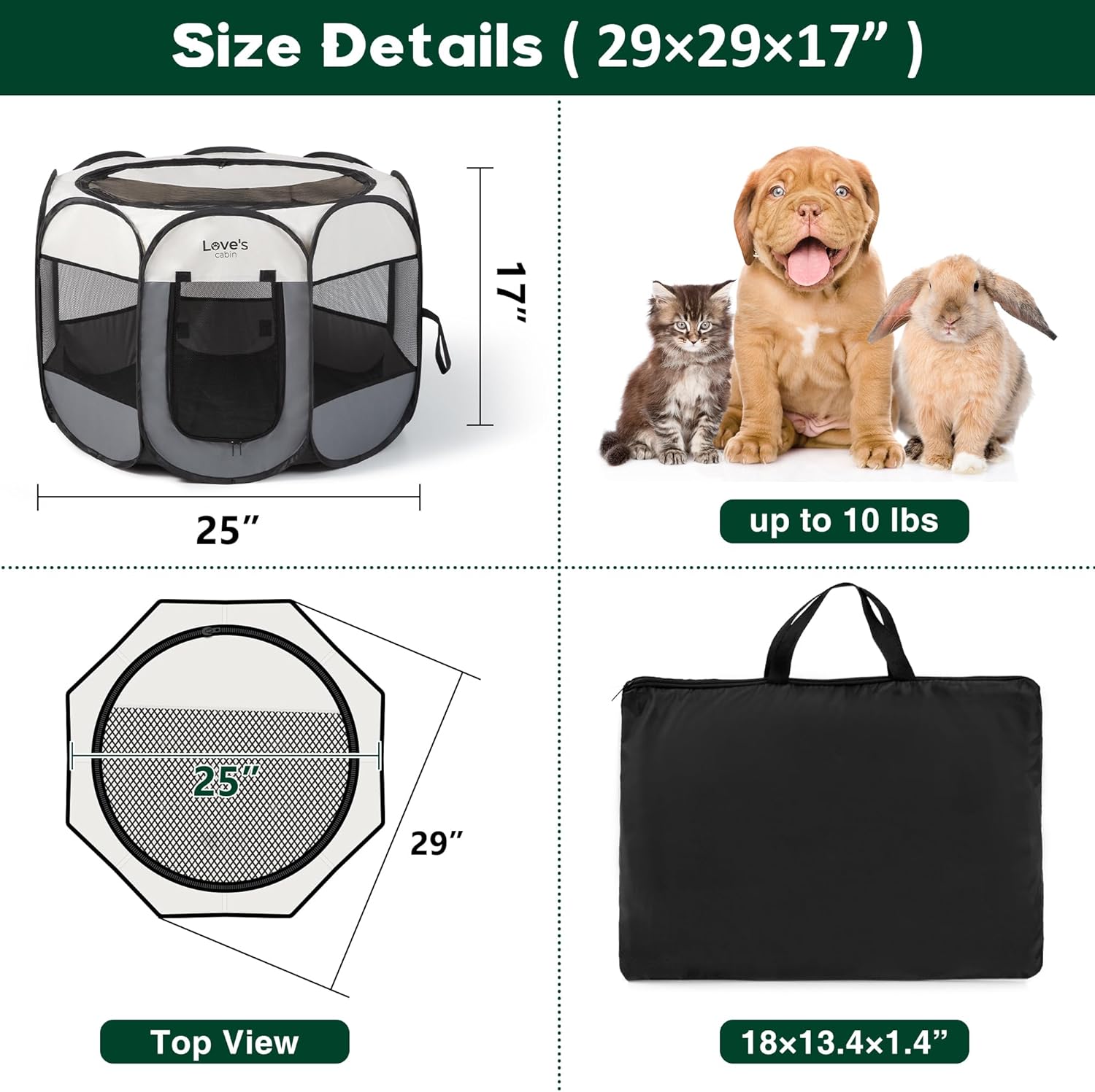 Love’s cabin Pet Puppy Dog Playpen, Small Dog Tent Crates Cage Indoor/Outdoor, Portable Playpen for Dog and Cat, Foldable Pop Up Dog Kennel Playpen with Carring Case, Removable Zipper Top, Grey