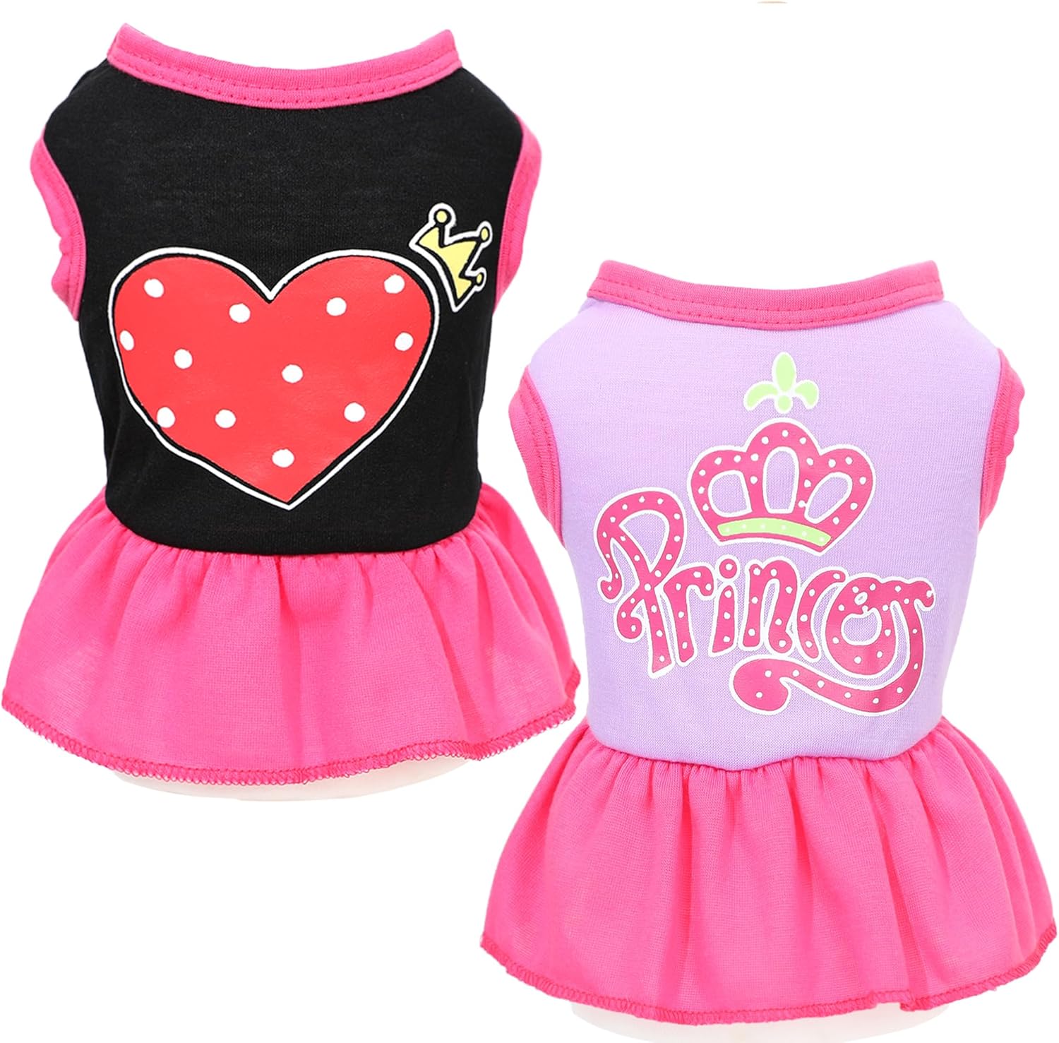 2 Pieces Dog Dress Cute Princess Love Pattern Spring Summer Pet Puppy Clothes for Small Dogs Cats Outfits (Rose,Purple, XXS)