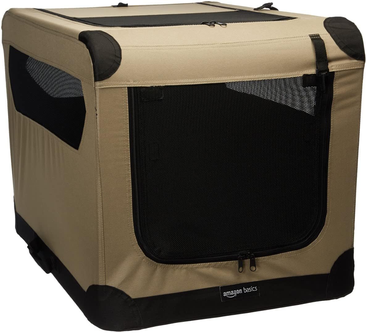 Amazon Basics 2-Door Portable Soft-Sided Folding Soft Dog Travel Crate Kennel, Medium (M 30″ x 21″ x 21″), Tan