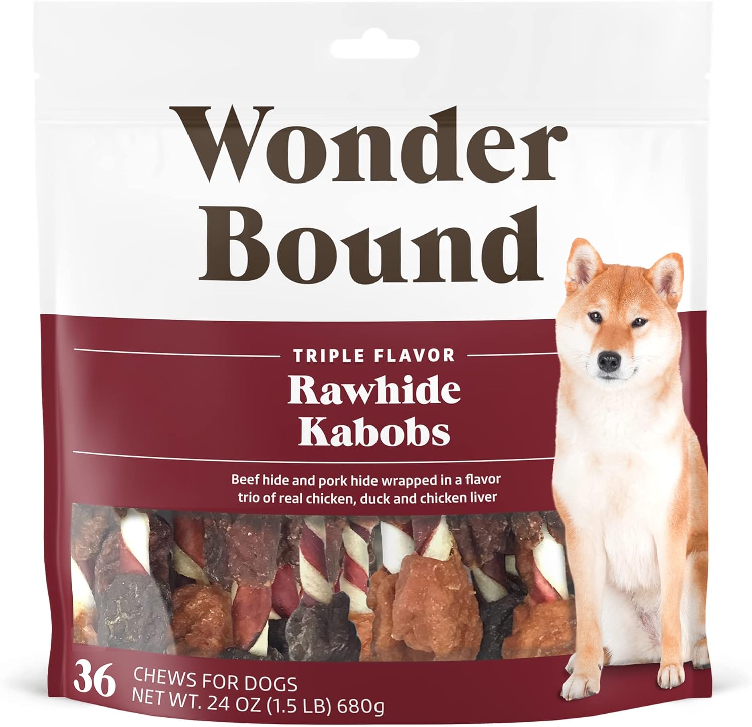 Amazon Brand – Wonder Bound Triple Flavor Rawhide Kabobs for Dogs, Variety, 1.5 pound (Pack of 1)