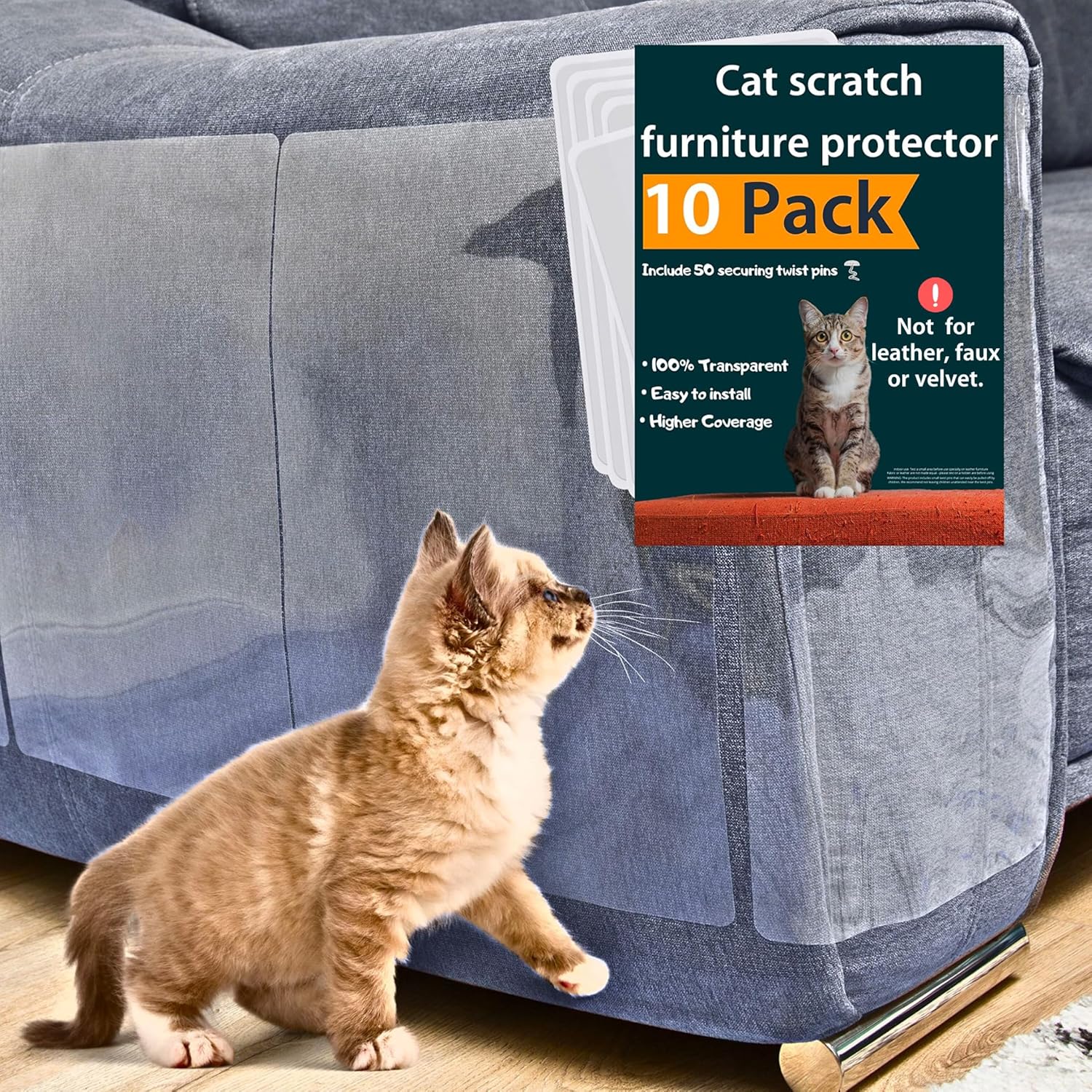 Anti Cat Scratch Furniture Protector, 10-Pack Couch Protector from Cat Claws – Heavy-Duty, Easy-to-Apply Scratching Deterrent and Shield for Sofa Corners, Walls, Doors- with 50 Twist Pins