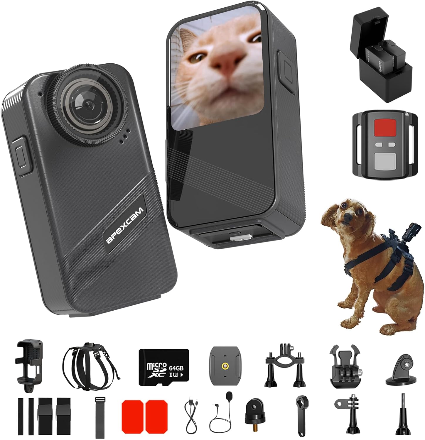 Apexcam Dog Collar Camera with 64GB SD Card, 4K Cat Collar Camera with Touch Screen, Dog Collar with Camera for Video Records, Pet Camera Collar for Remote Monitoring Indoor Outdoor Dog Birthday Gift