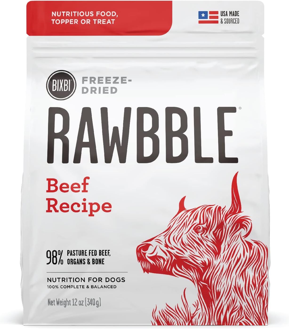 BIXBI Rawbble Freeze Dried Dog Food, Beef Recipe, 12 oz – 98% Meat and Organs, No Fillers – Pantry-Friendly Raw Dog Food for Meal, Treat or Food Topper – USA Made in Small Batches