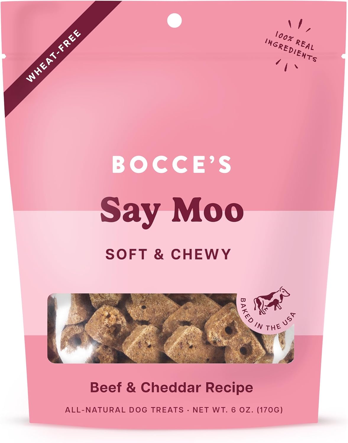 Bocce’s Bakery Oven Baked Say Moo Treats for Dogs, Wheat-Free Everyday Dog Treats, Made with Real Ingredients, Baked in The USA, All-Natural Soft & Chewy Cookies, Beef & Cheddar Recipe, 6 oz