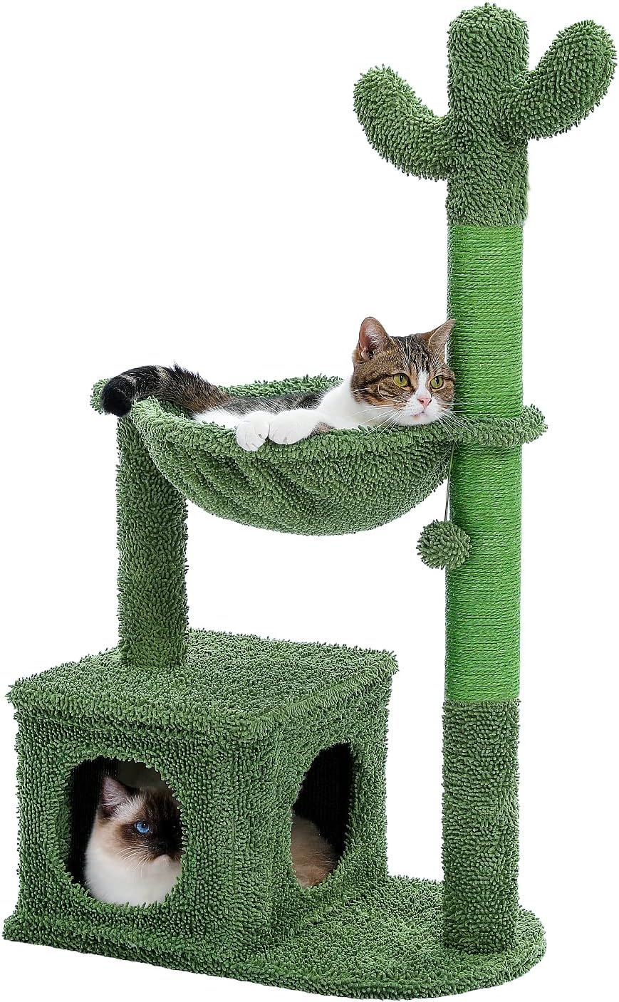 Cactus Cat Tree 40″ Cat Tower with Large Metal Carpet Hammock, Cat Scratching Post for Indoor Cats with Condo& Replaceable Toy Ball, Green