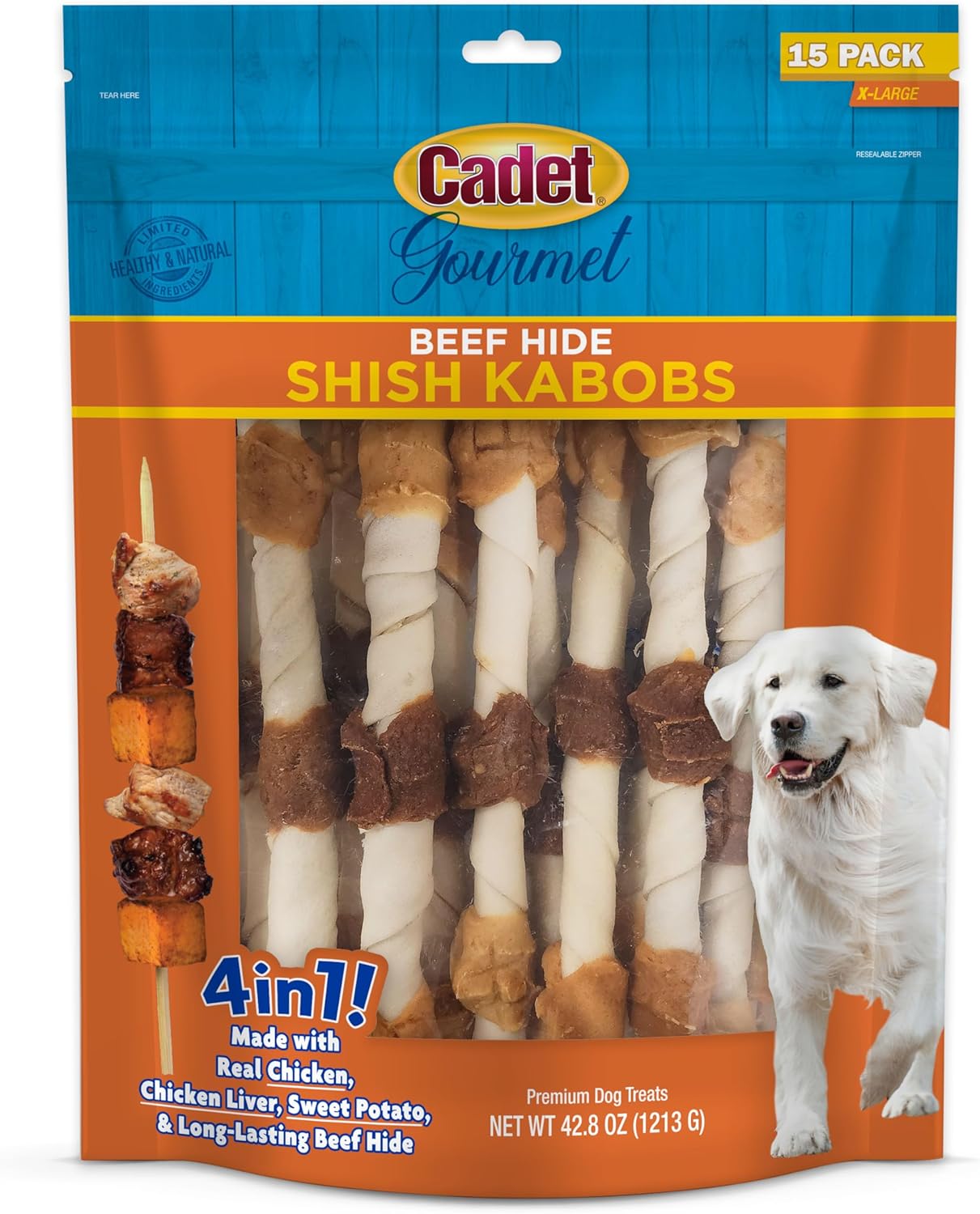 Cadet Gourmet X-Large Triple-Flavored Beef Hide Shish Kabob Dog Treats – Healthy & Natural Chicken, Liver, and Sweet Potato Dog Treats for Dogs Over 30 Lbs., 10 in. (15 Count)
